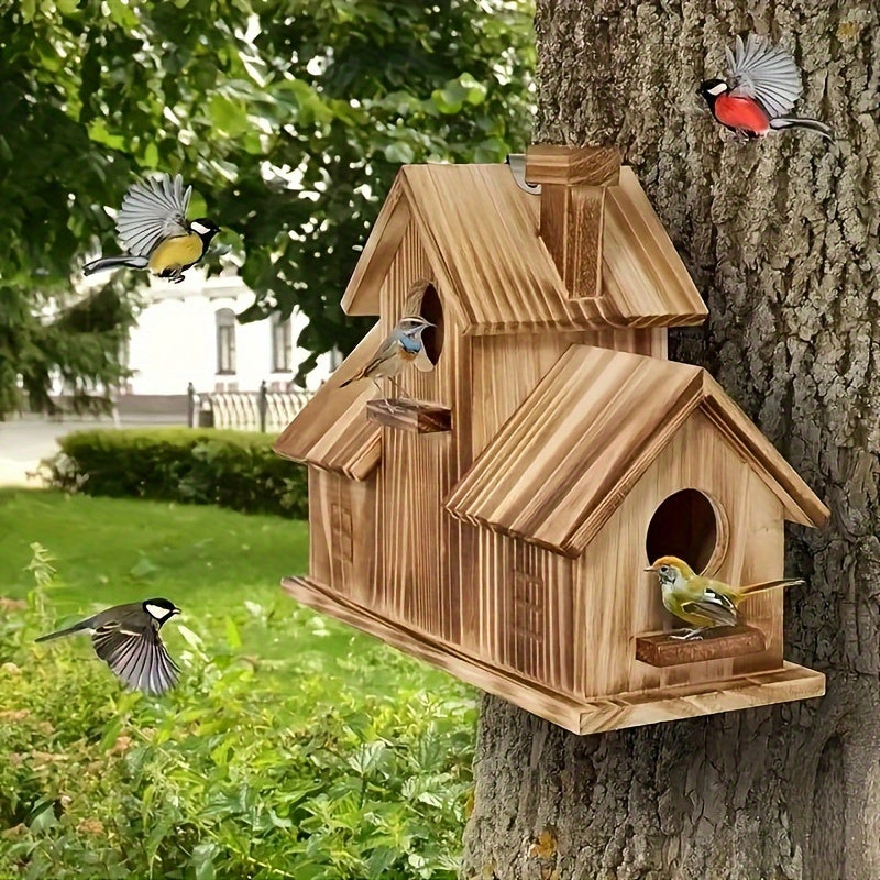 Rustiek Houten Vogelhuisje met Meerdere Nesten en Ruim Voederplatform