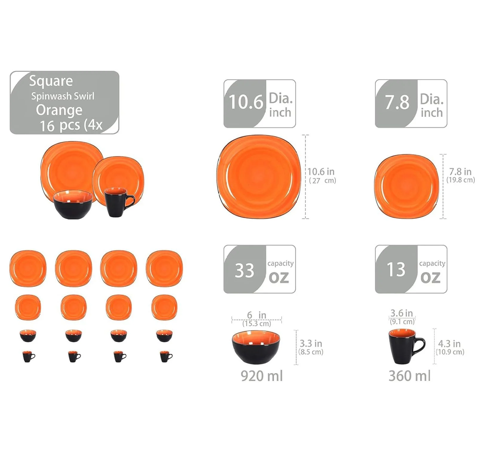 Stoneware Square 16pc Dinnerware Set, Inside Spinwash Swirl Orange + Outside Black