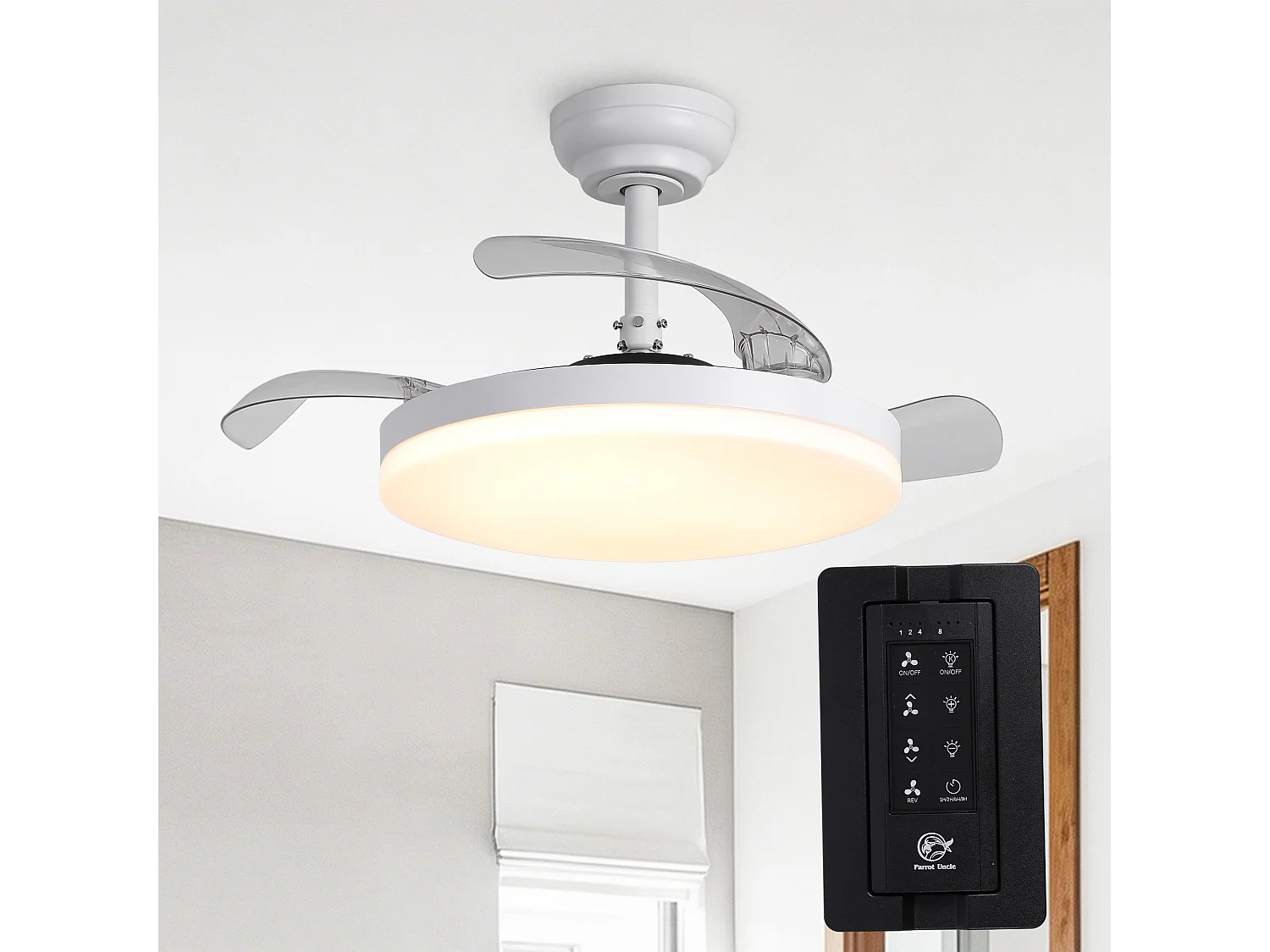 Parrot Uncle Ventilateur de plafond invisible 107 cm avec éclairage LED, 6 vitesses, minuterie & fonction mémoire, télécommande, blanc mat