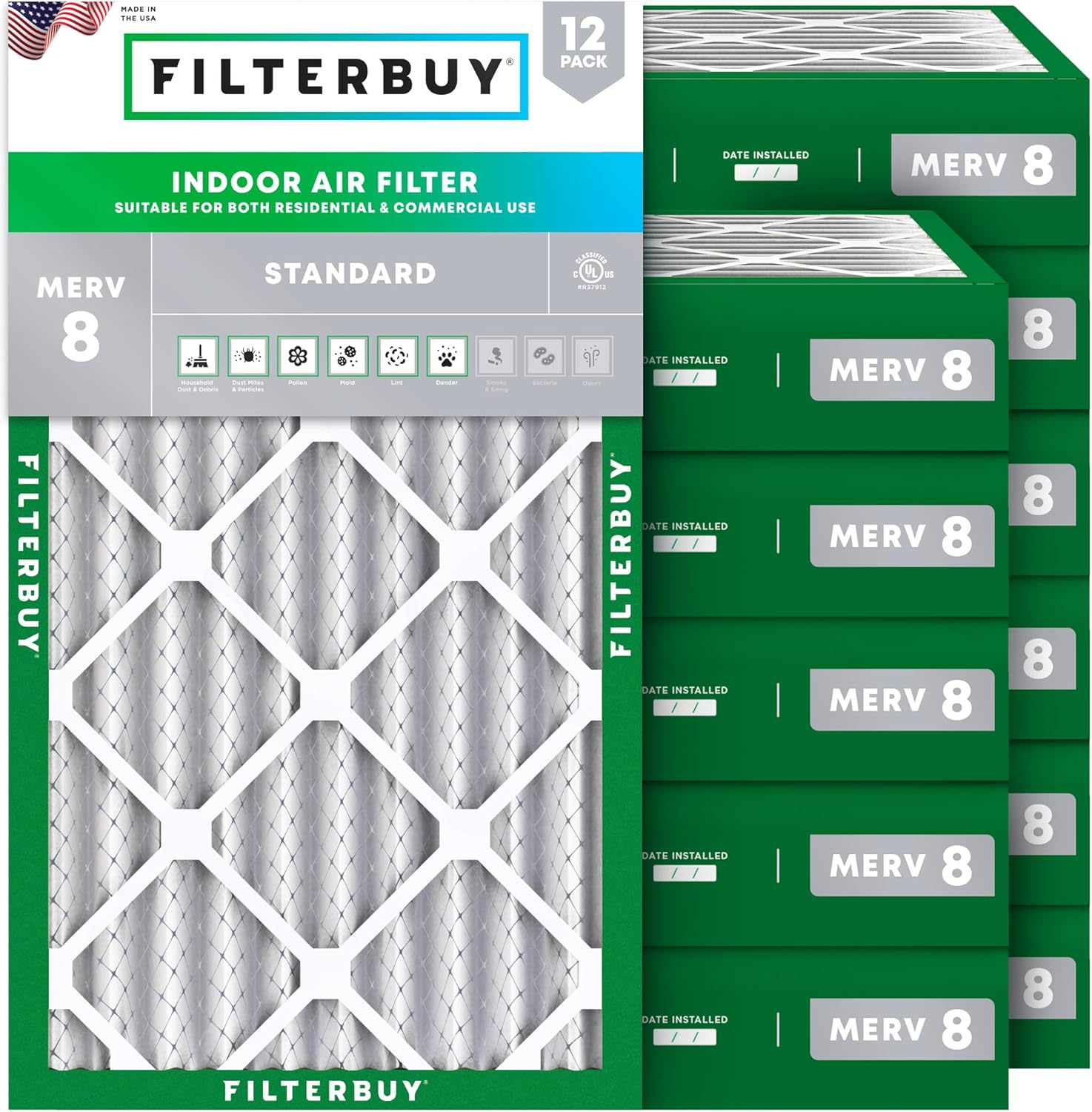 Filterbuy 18x36x4 Air Filter MERV 8 Essential Dust & Allergy Defense (12-Pack), Electrostatic Pleated HVAC AC Furnace Filters Replacement, Made in USA (Actual Size: 17.50 x 35.50 x 3.63)