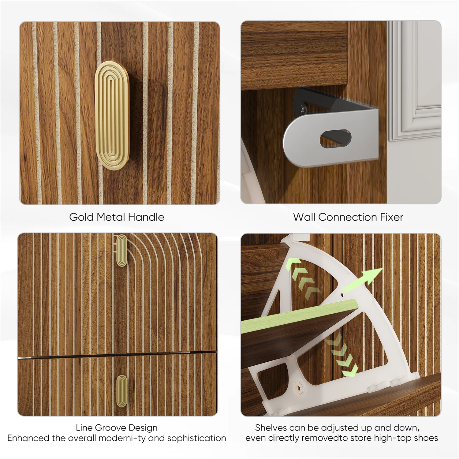Hommoo 2 Flip Drawers Shoe Storage Cabinet, Freestanding Shoe Cabinet with Metal Handles & line groove design, Shoe Rack Cabinet, Walnut - Image 5