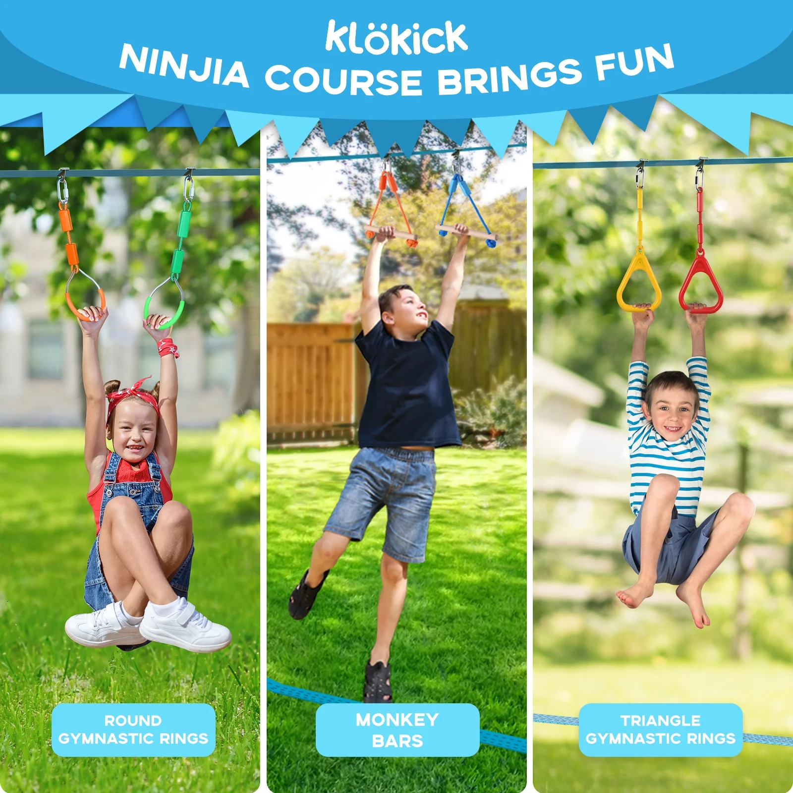 KloKick 50ft Ninja Warrior Obstacle Course with Slackline Monkey Bars and Saucer Swing - Image 10