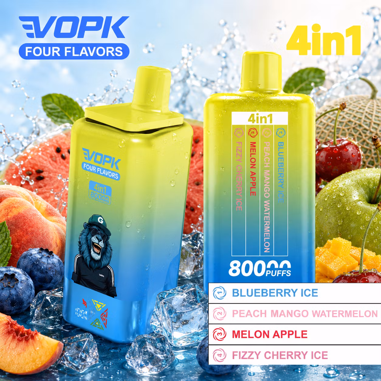 VOPK 80 000 puffów 4w1 – Melon Apple, Fizzy Cherry Ice, Blueberry Ice, Peach Mango Watermelon