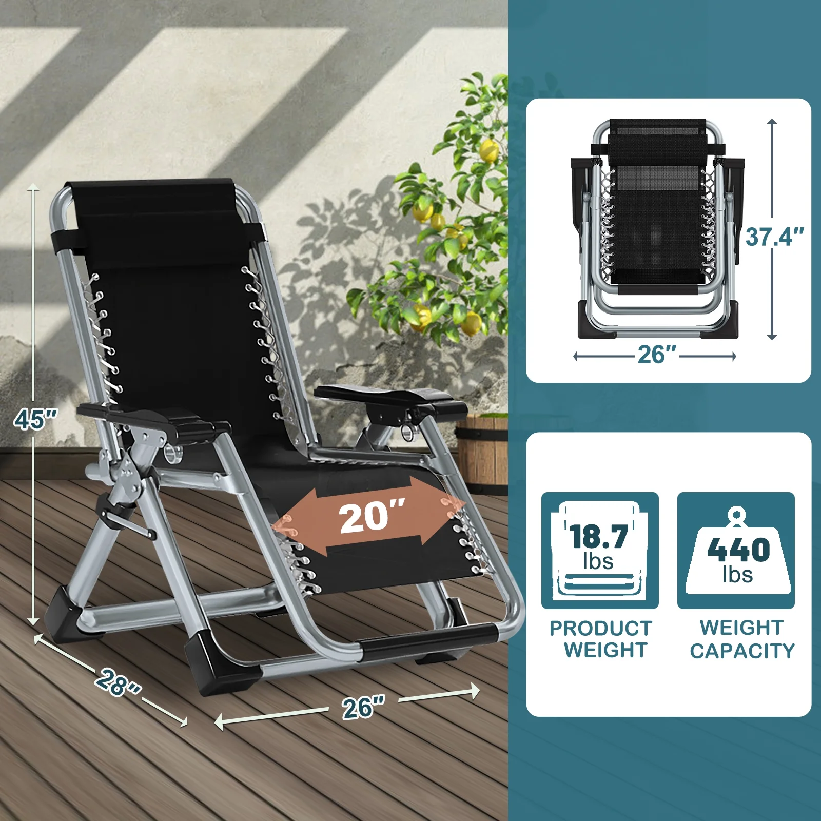 NAIZEA Zero Gravity Chair with Removable Cushion and Cup Holder Black - Image 20