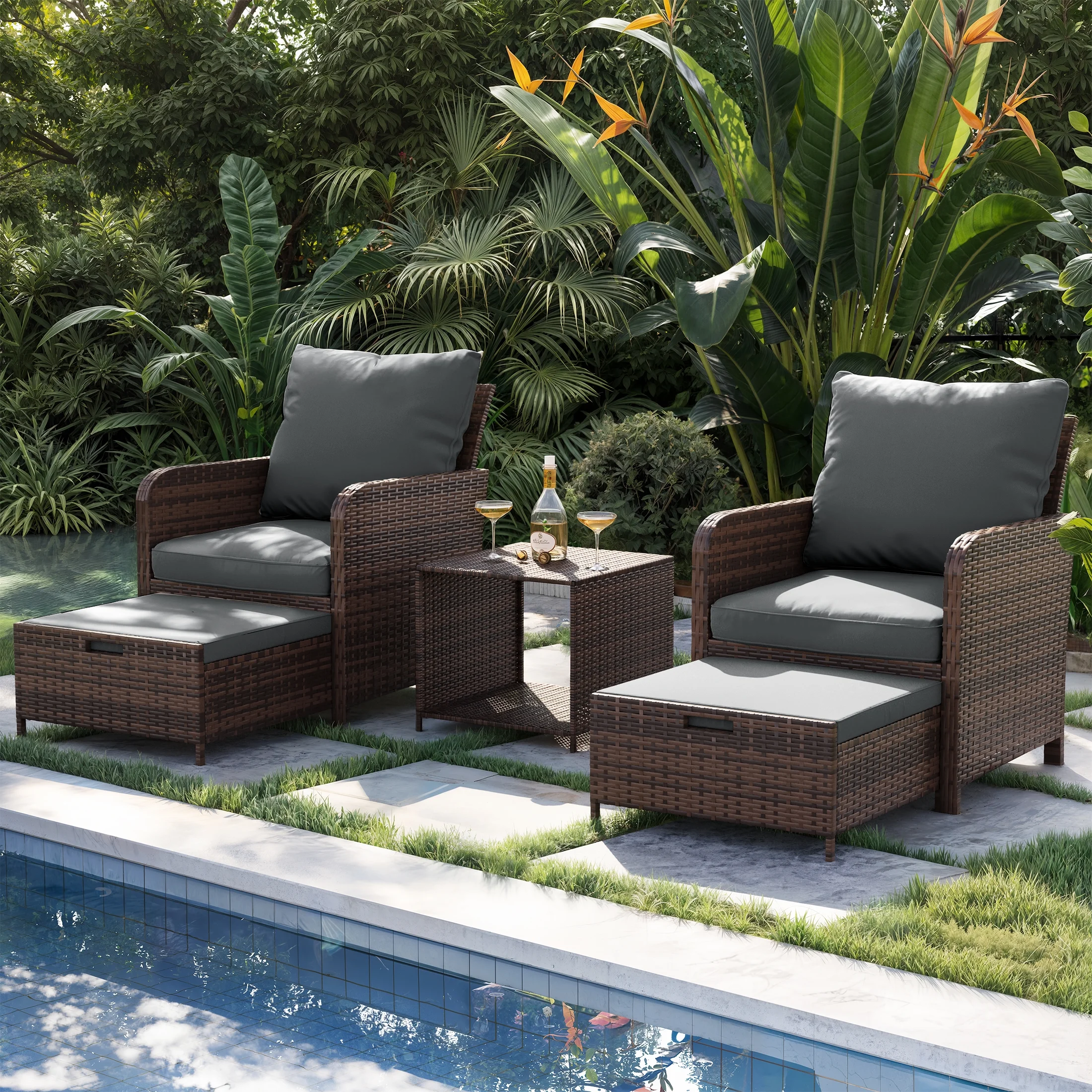 Poteban Balcony Furniture 5 Piece Patio Furniture Set, Outdoor Patio Chair with Ottoman for Front Porch Deck, Wicker Lounge Chair with Side Table, Grey
