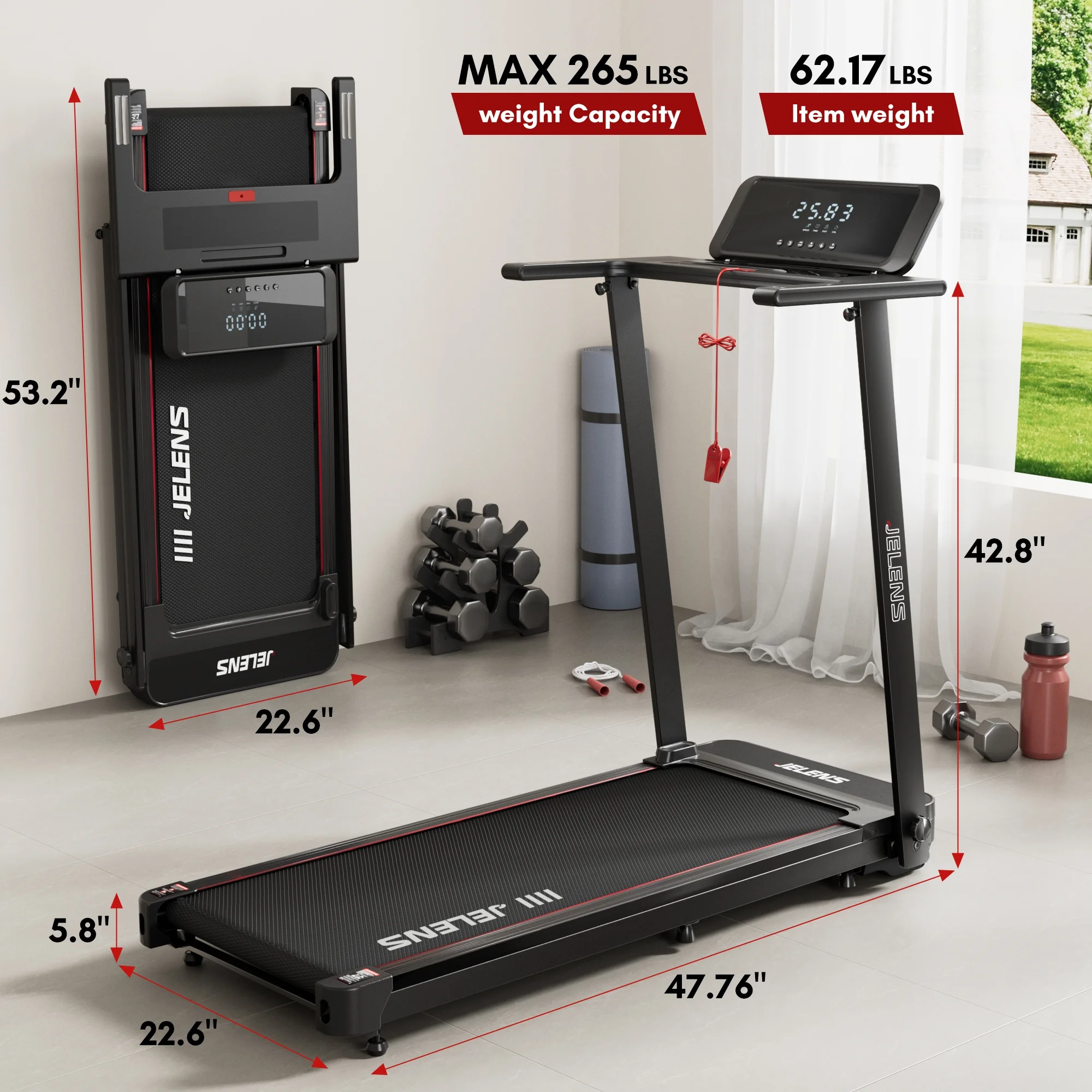 MITONOS Folding Treadmill with Desk. Foldable Treadmill for Home with 2.5HP Running Machine, Portable Walking Pad with LED and Desk Workstation for Home and Office