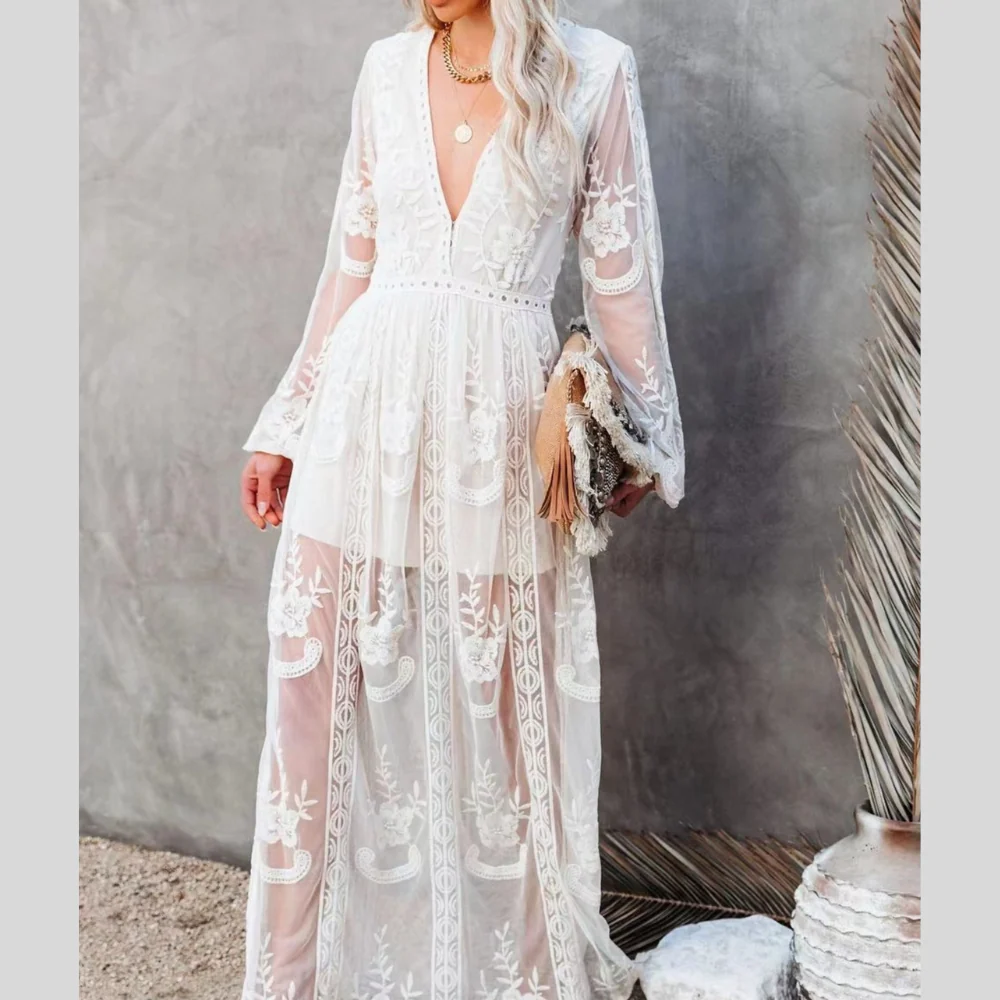 Floral Lace Slit Maxi Dress - ZKZOOK