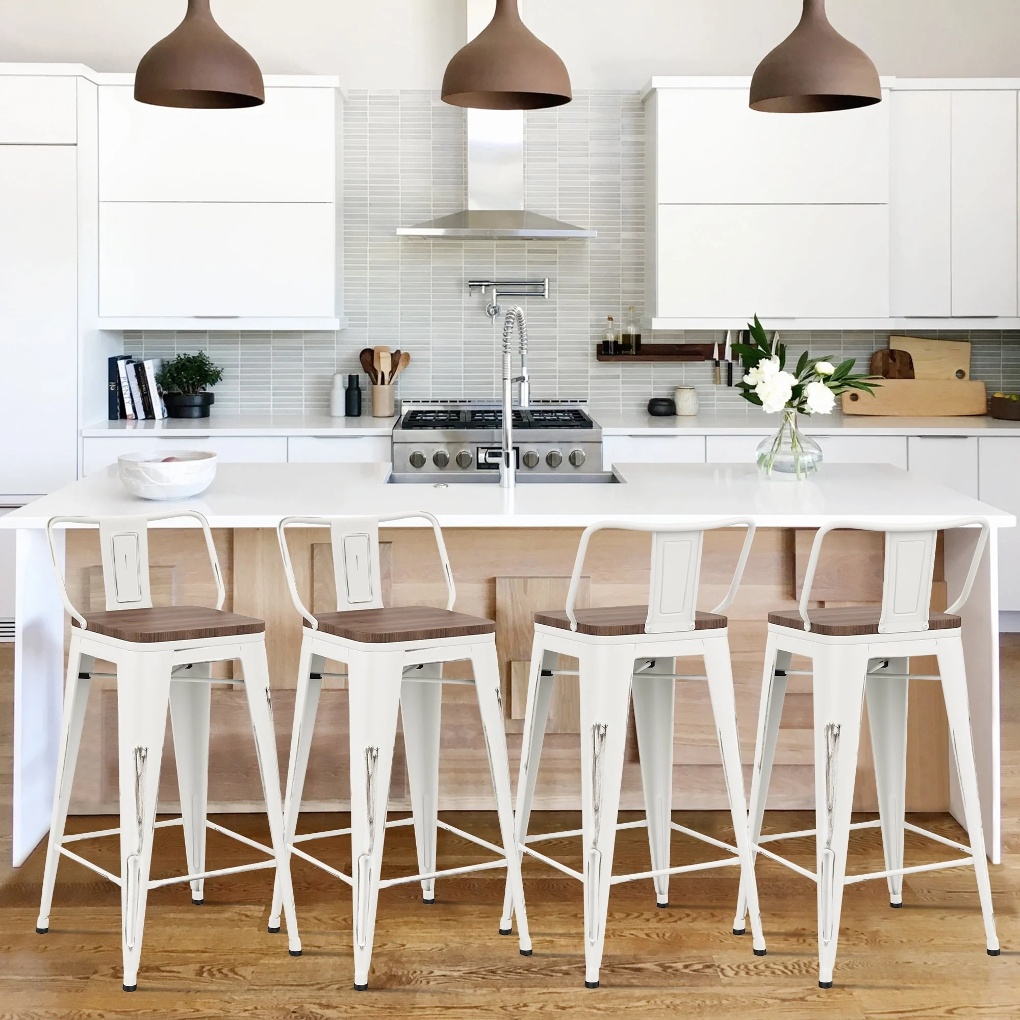 Andeworld Bar Stools Set of 4 Counter Height Stools Industrial Metal Barstools with Wooden Seats( 24 Inch, Distressed White ) - Image 4