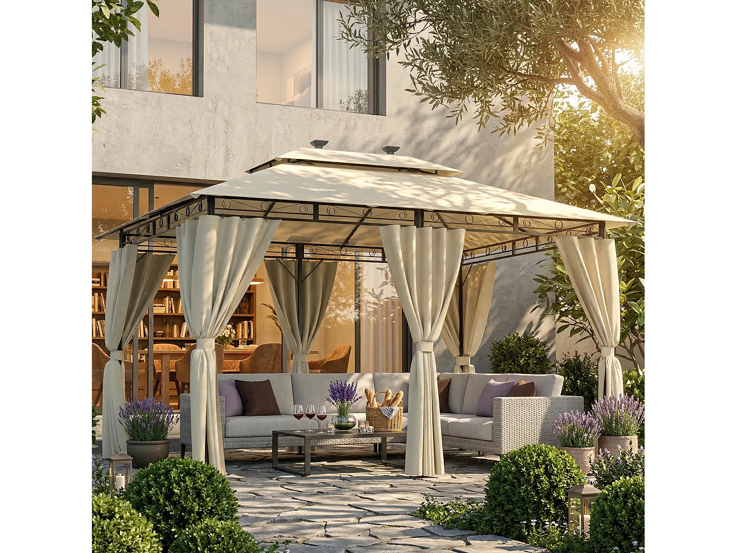 DEVOKE Tonnelle de jardin beige 3×4 m avec éclairage LED, tonnelle imperméable de luxe, tonnelle de jardin extérieure, structure en métal, pour 6 à 8 personnes.