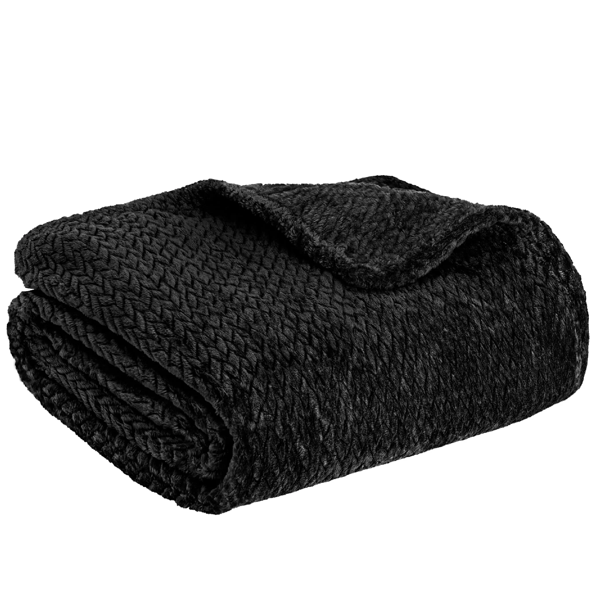 PAVILIA Soft Fleece Solid Black Throw Blanket for Couch, Lightweight Plush Warm Blankets for Bed, Fuzzy Cozy Flannel Blanket Throw for Sofa, Travel, Jacquard Pattern, Black, 50x60 inch