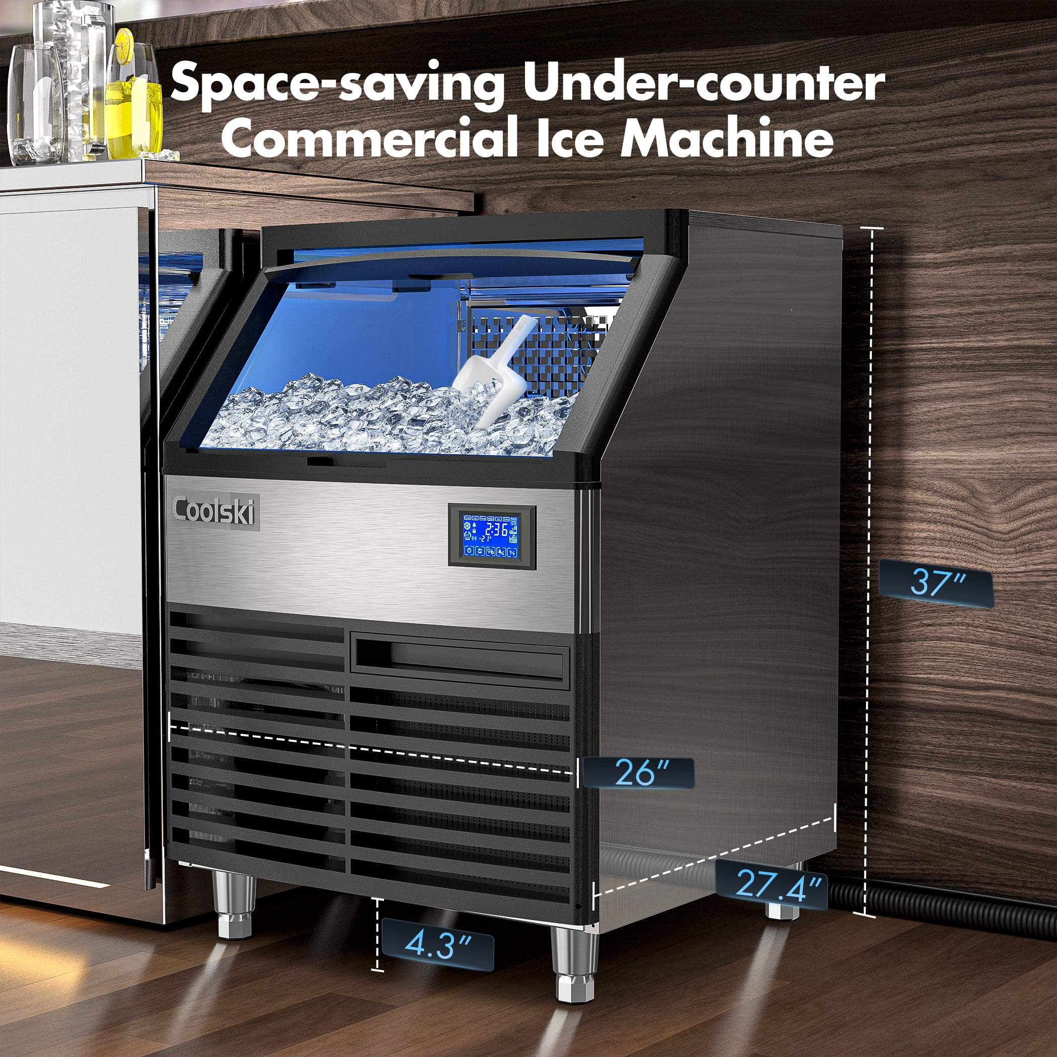 Coolski Commercial Ice Maker 200lbs/24h, 26���� Under Counter Ice Machine with 80lbs Storage Capacity