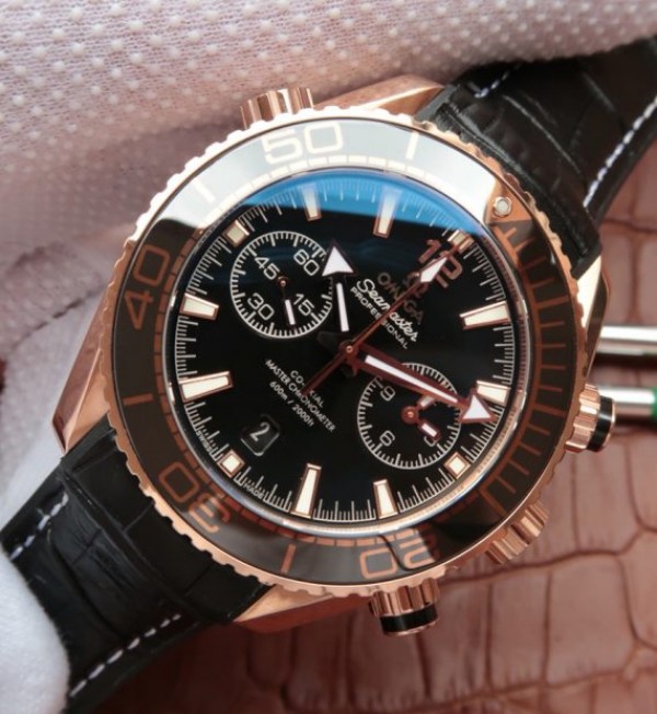 Replica Omega Planet Ocean Master Chronometer RG Black Bezel Black Dial Leather A9301 - Elite Watch Atelier