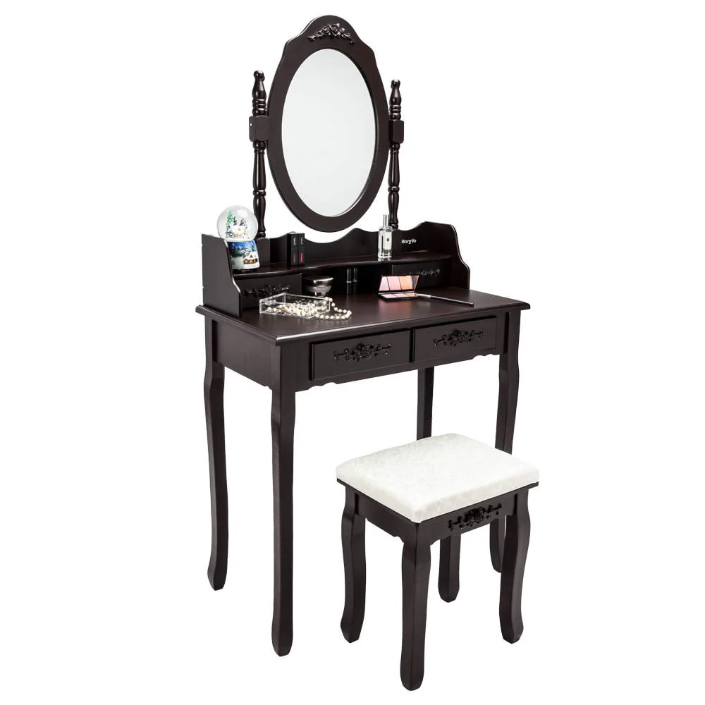 UBesGoo 4 Drawer Vanity Makeup Dressing Table Set w/Stool&Mirror Jewelry Wood Brown - Image 3