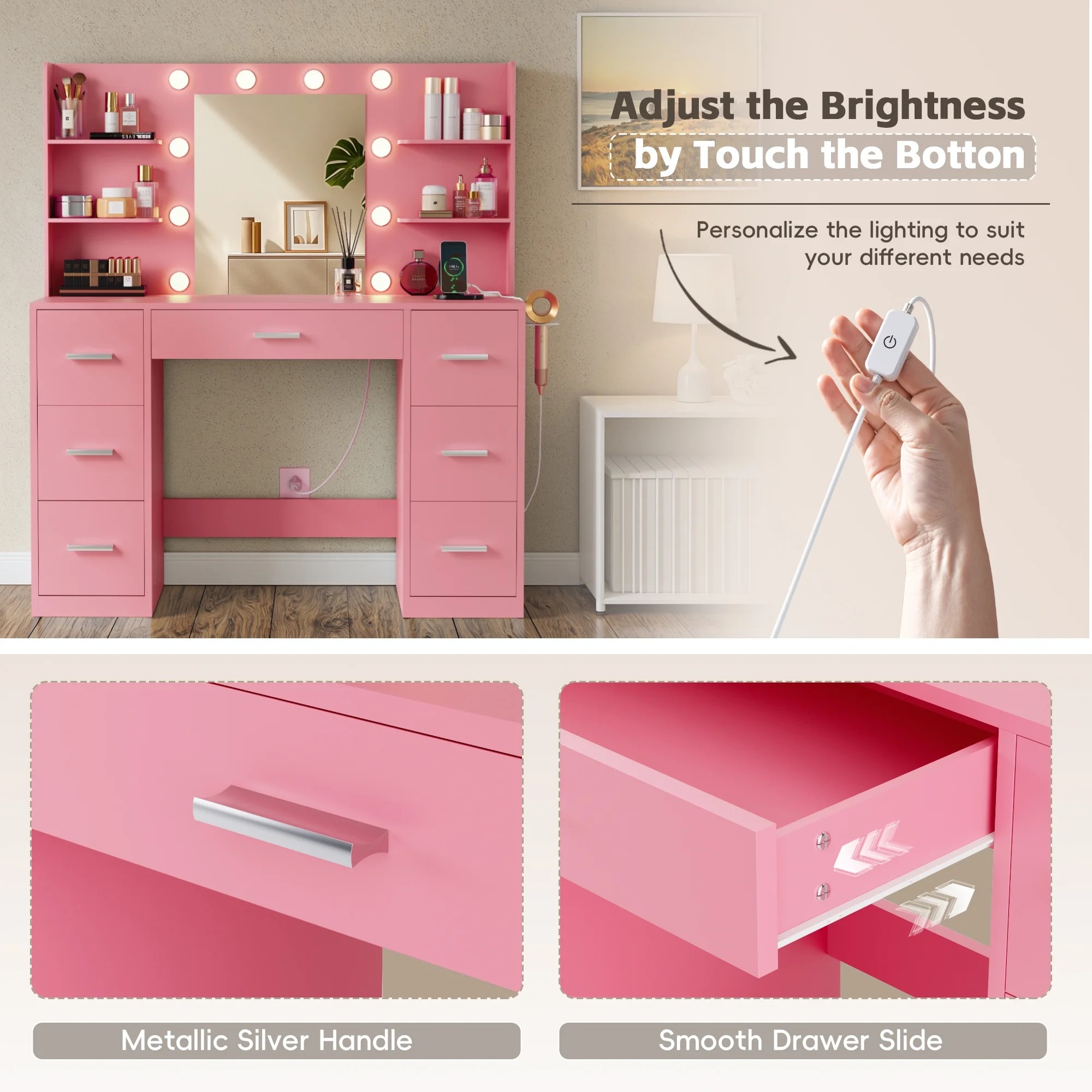Lacoo Vanity Desk with Mirror and LED Lights, Makeup Vanity with 7 Drawers & 4 Shelves, Vanity Table with Power Outlet for Bedroom Dressing Room, White - Image 39