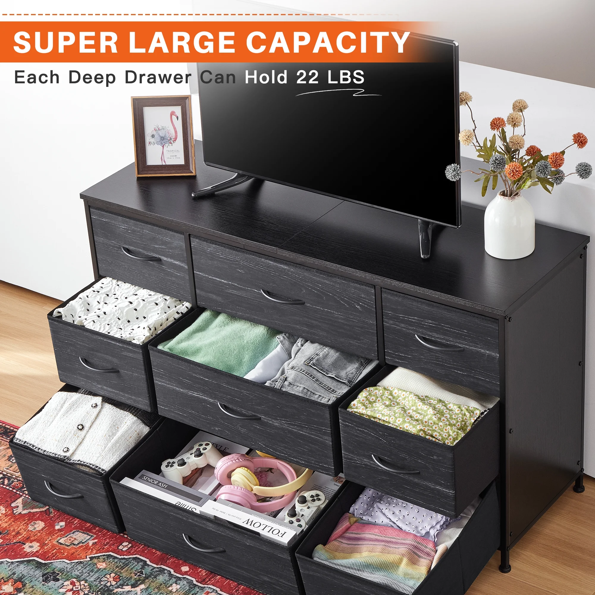 Wide Dresser TV Stand with 9 Drawers Dresser for Bedroom Chests of Drawers for Living Room, Black