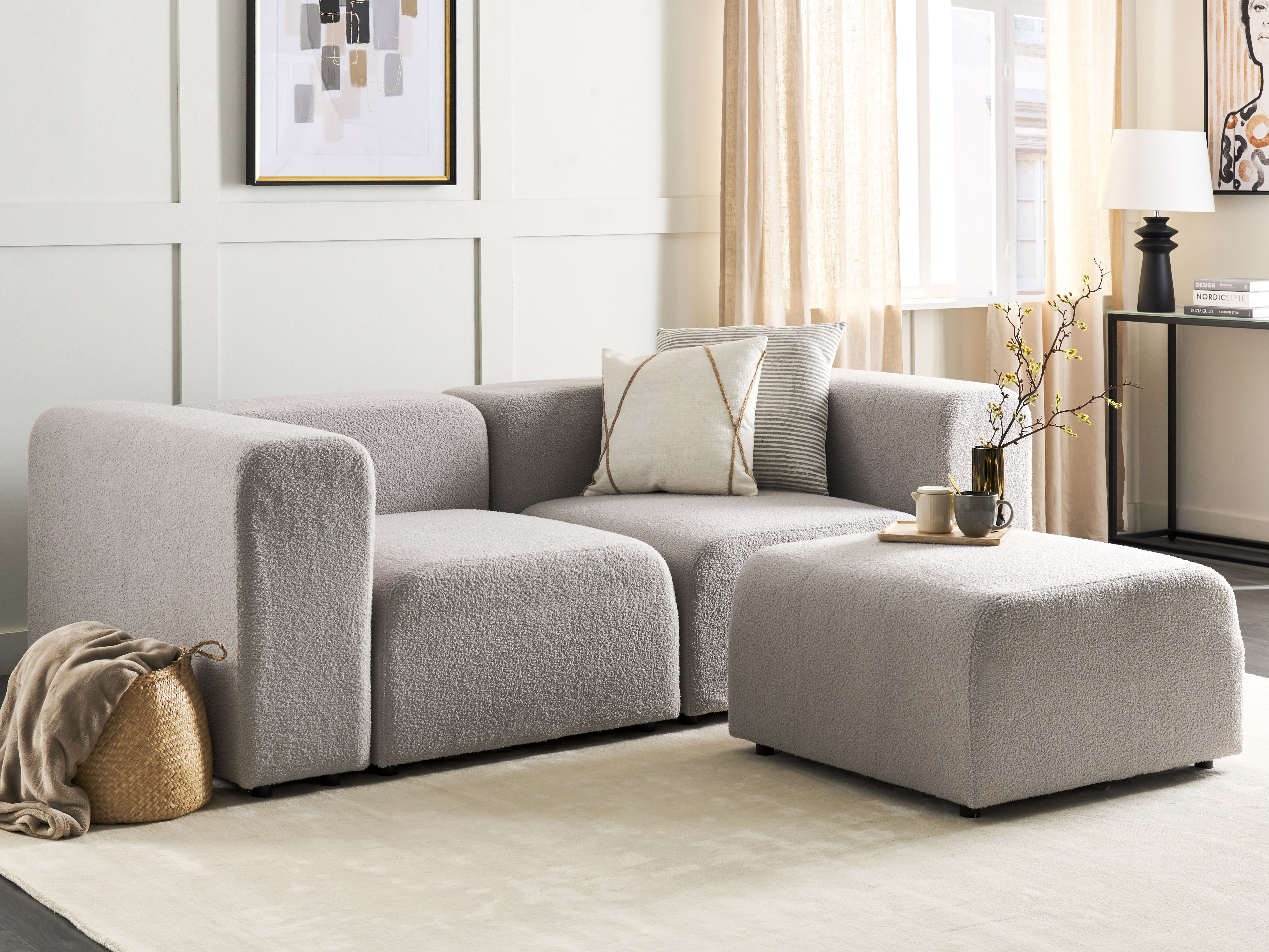 Modular Sofa 2 Seater FALSTERBO Boucle Light Grey with Ottoman