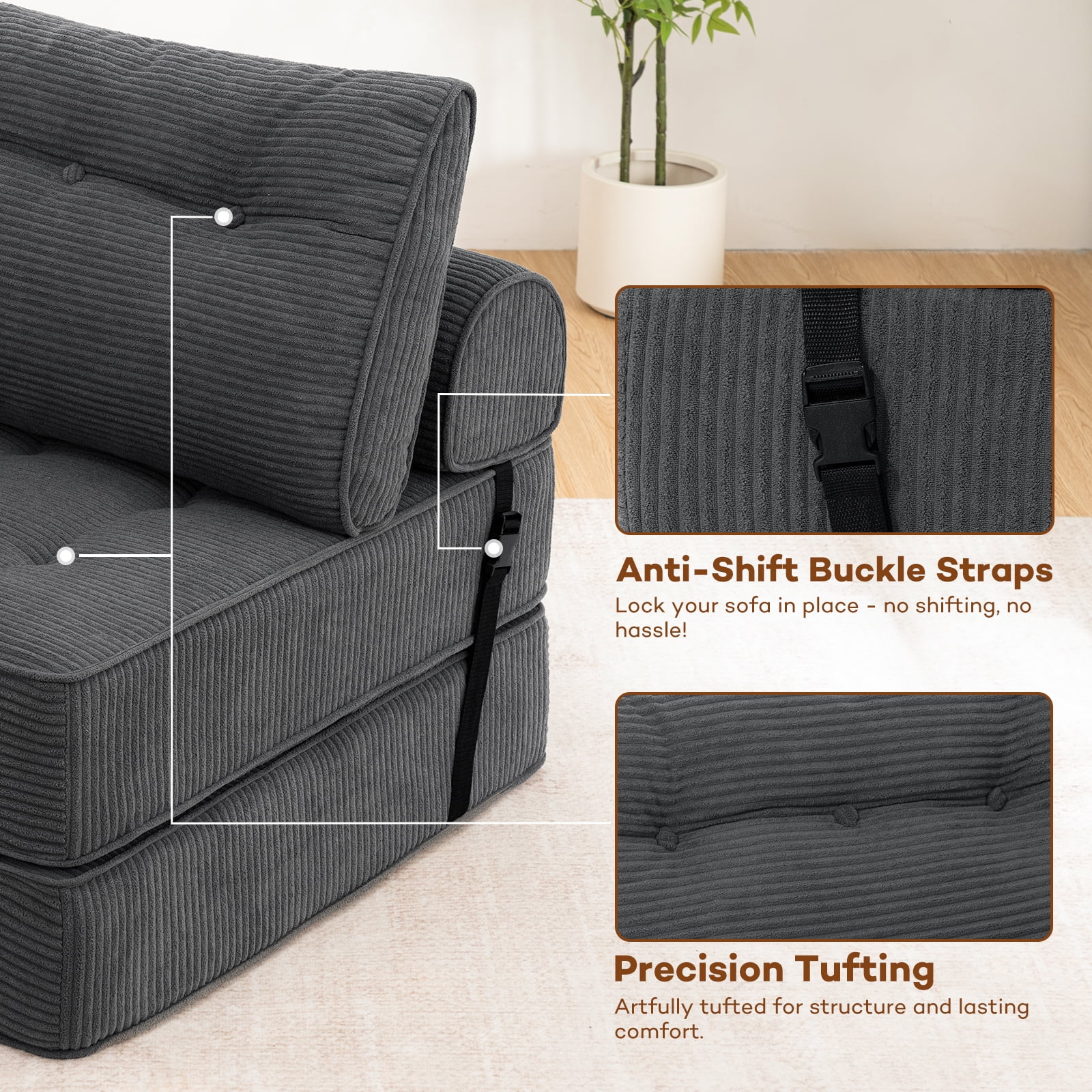 Hommpa Folding Sofa Bed Foldable Couch Bed Convertible Futon Chair with High Density Foam Filling with Pillow for Adult,Comfort chair bed for Living Room Bedroom,Gray,Single - Image 5