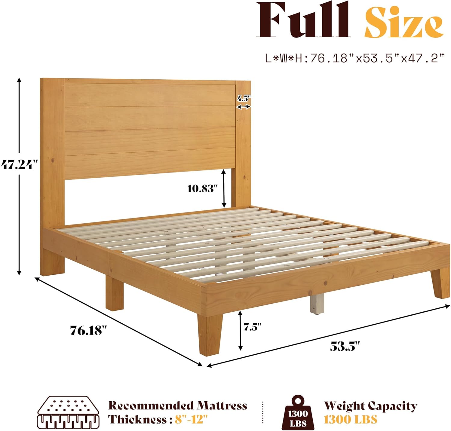 AMERLIFE Full Sizes Solid Wood Bed Frame with 48