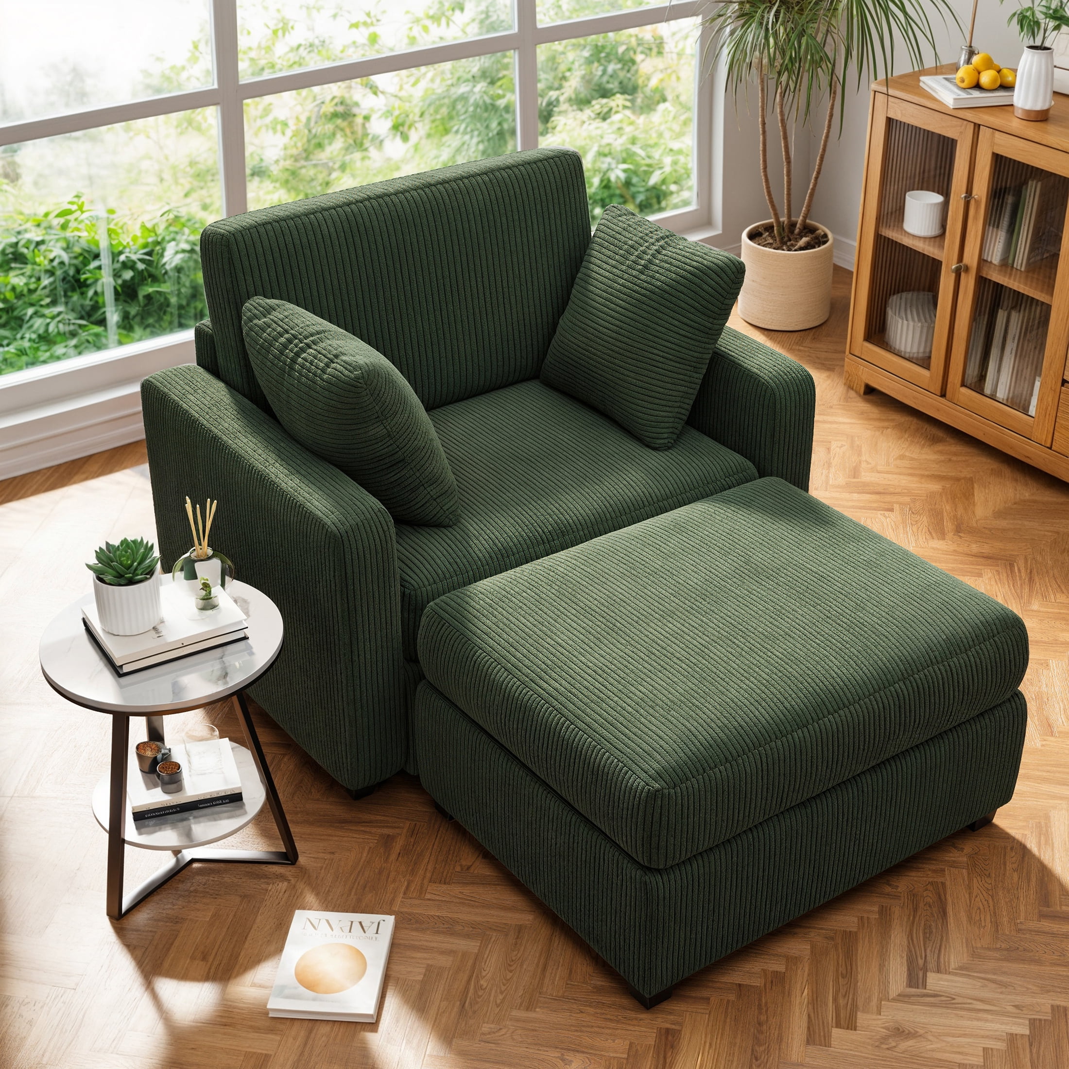 LUMIHO Chaise Lounge Chair Indoor, 42" Sleeper Chair with Two Throw Pillows and Armrests, Corduroy Chaise Couch Chair with Ottoman for Living Room, Bedroom, Apartment, Green - Image 12