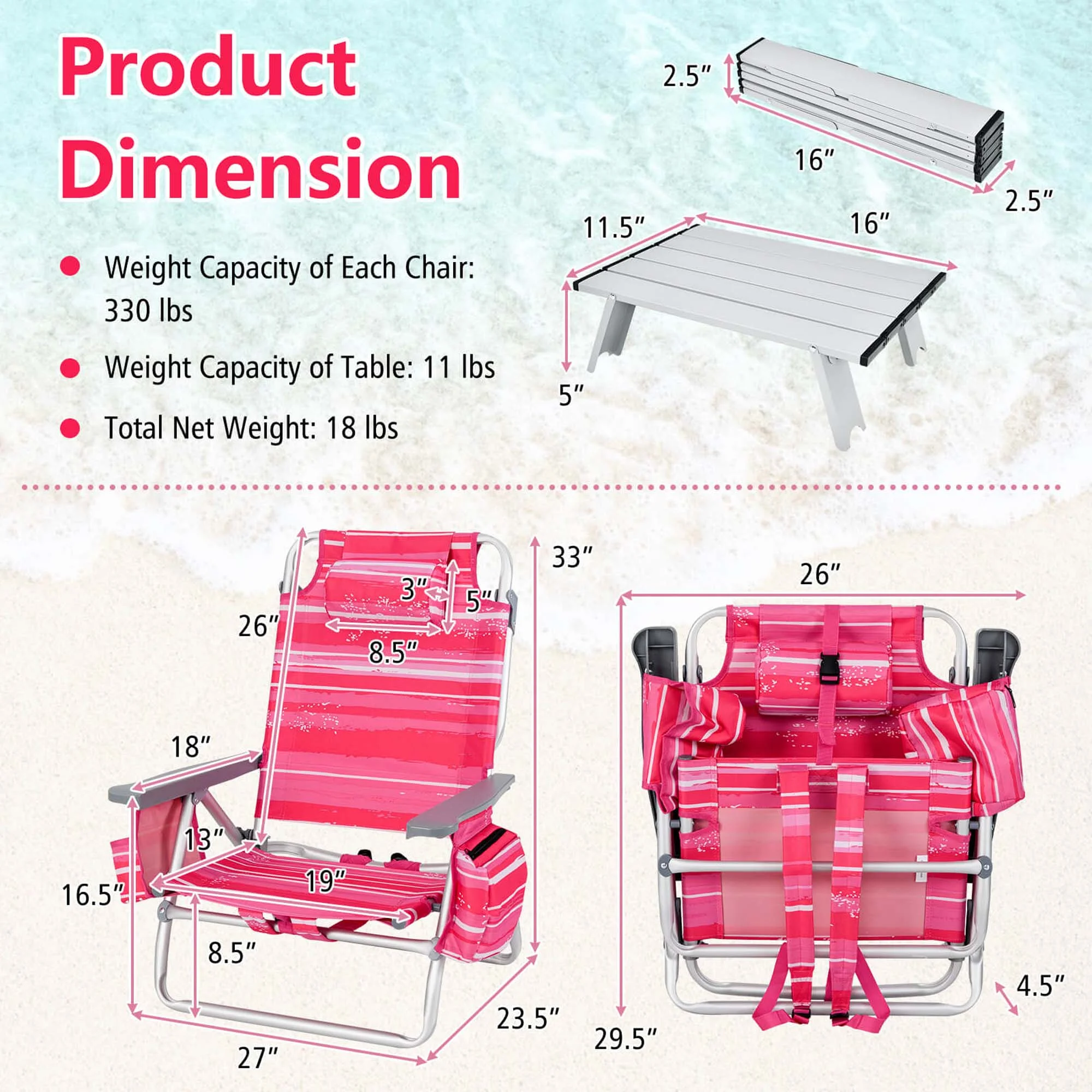 Costway 2-Pack Folding Backpack Beach Chair Table Set 5-Position Outdoor Reclining Chair Pink - Image 59