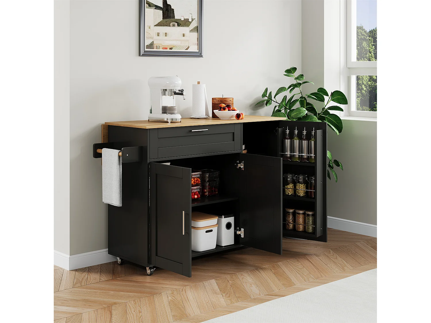 Îlot central noir, îlot central mobile avec plan de travail rabattable, 3 portes et 1 tiroir - pour cuisine et salles à manger