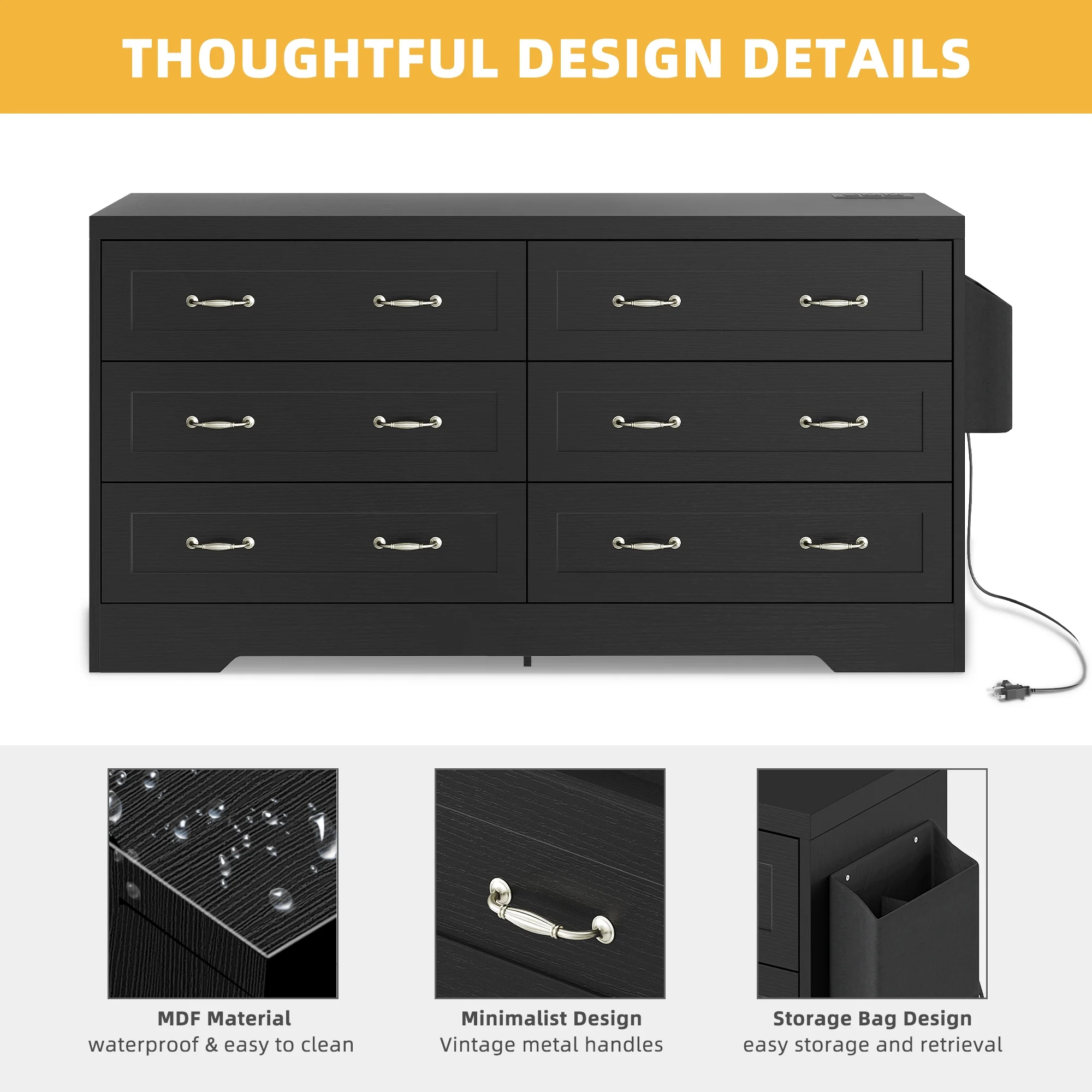DWVO 6 Drawer Double Dresser with Antique Handles and USB Power Outlet, Wood Storage Cabinet Chest of Drawers Dresser for Bedroom, Living Room, Entryway and Hallway, Black
