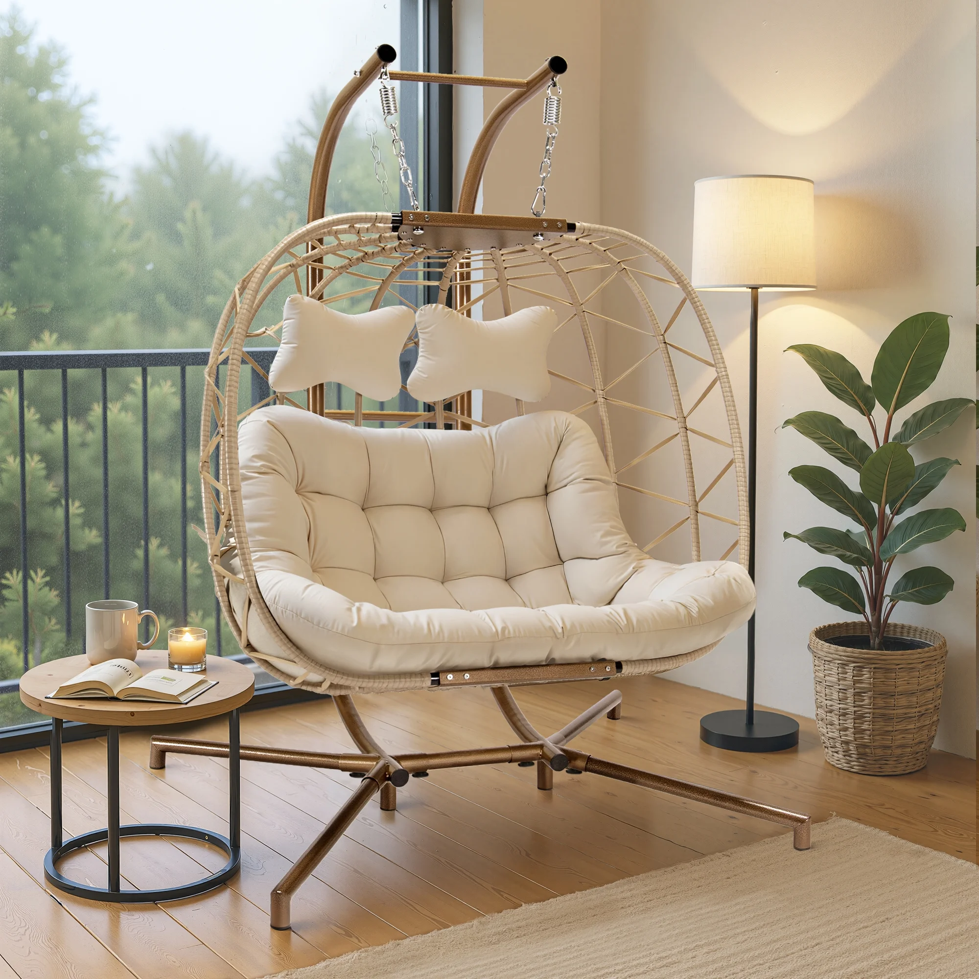 RADIATA Double Wicker Egg Swing Chair with Stand, 2-Person Hanging Egg Chair for Indoor/Outdoor, 700lbs Capacity, Thick Cushions & Headrest,Sturdy Metal Frame��Dark Gray - Image 27