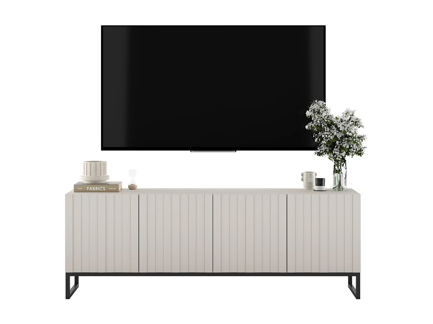 Meuble TV avec 4 portes - Corps Cachemire mat, façades rainurées Cachemire mat - 150 cm, Cadre en métal noir