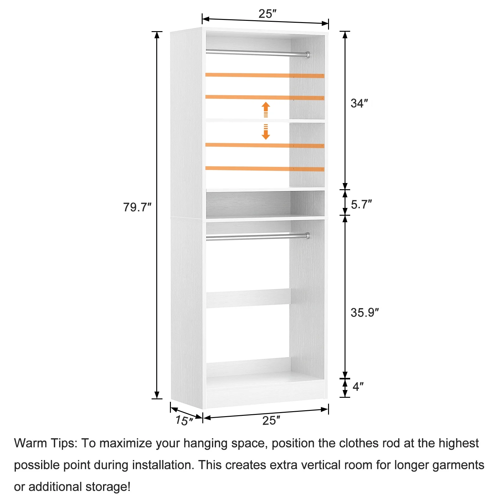 Homieasy 25�?Closet System, Freestanding Closet Organizer Wardrobe with Hanging Rods and Shelves, Adjustable Clothes Garment Rack, Sturdy Walk in Closet Tower, White - Image 6