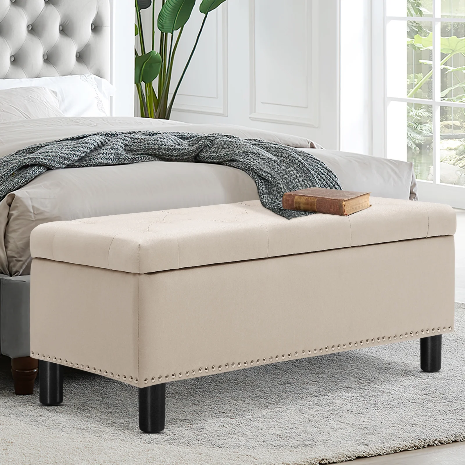 Furniliving Modern Upholstered Button Tufted Storage Ottoman Entryway Bench, Ivory