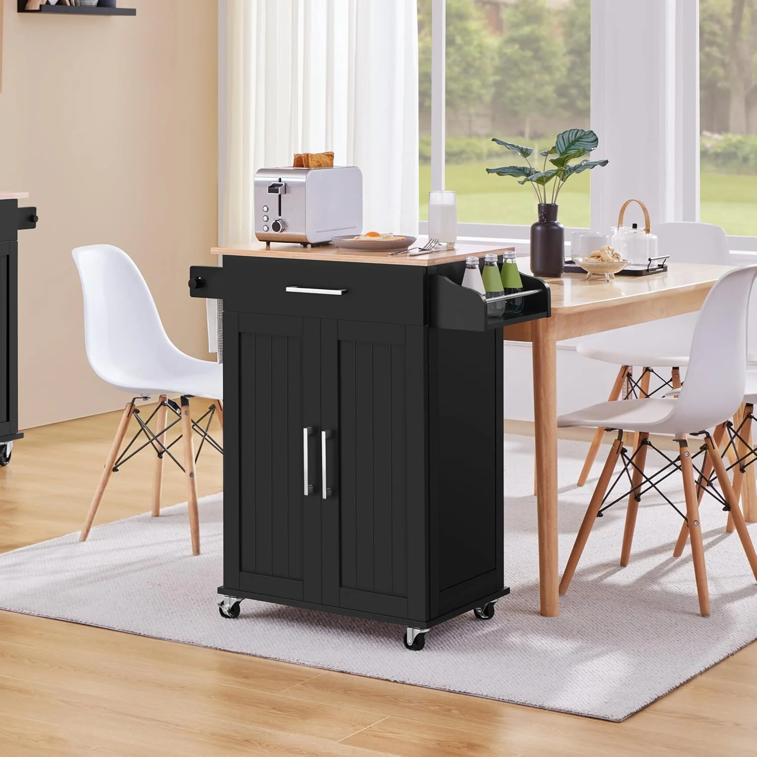 HXYHJ Kitchen Island on Wheels with Storage Cabinet, Rolling Kitchen Cart with Bamboo Top & Drawer & Spice Rack Towel Bar, Microwave Stand Cart for Kitchen/Dining Room, Black - Image 2