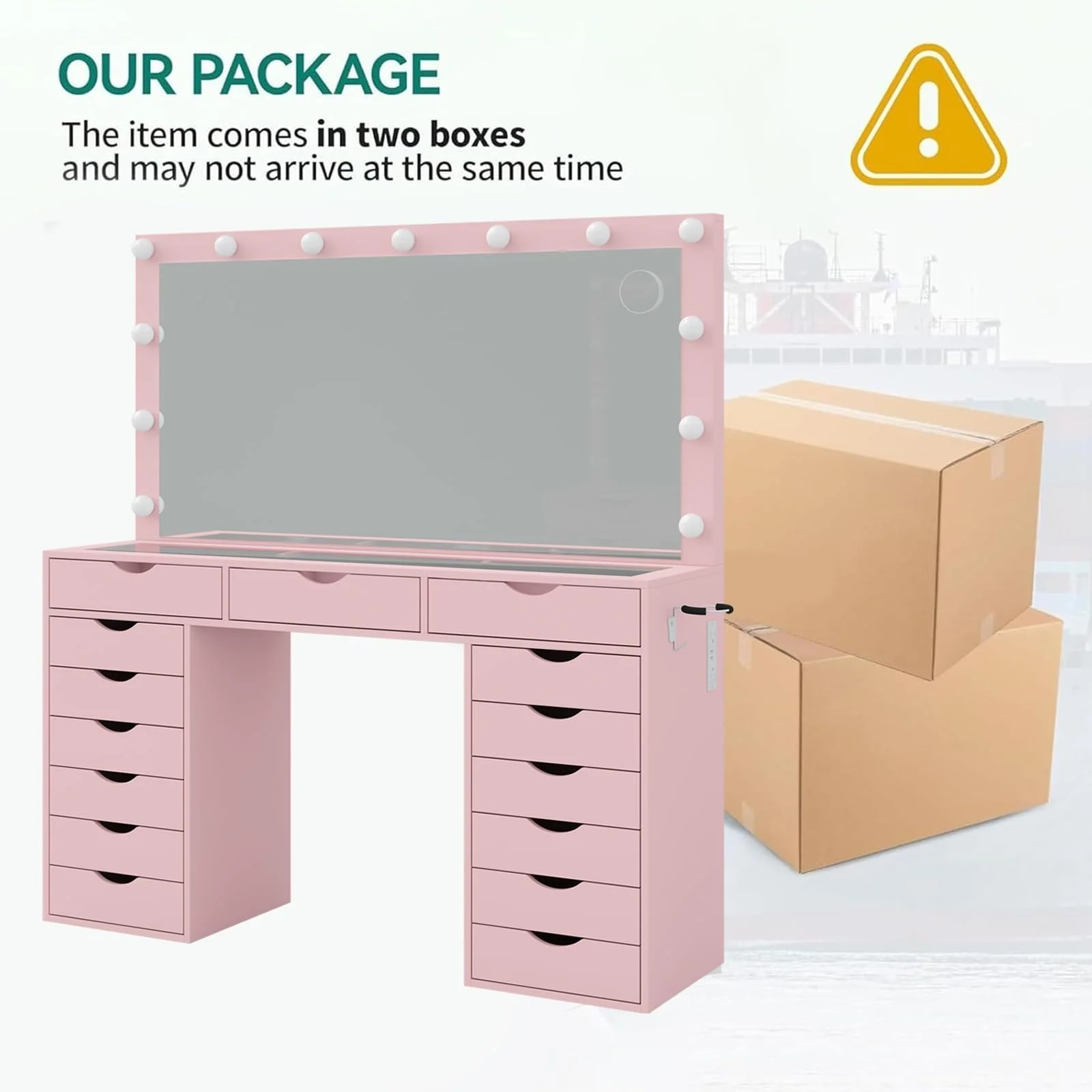 Yanosaku 15 Drawers Vanity Desk with Power Outlet, Makeup Table with Mirror and 13 LED Lights, 3 Color Lighting Modes, Brightness Adjustable, Glass Top Dressing Table, Vanity Set for Bedroom - Image 18