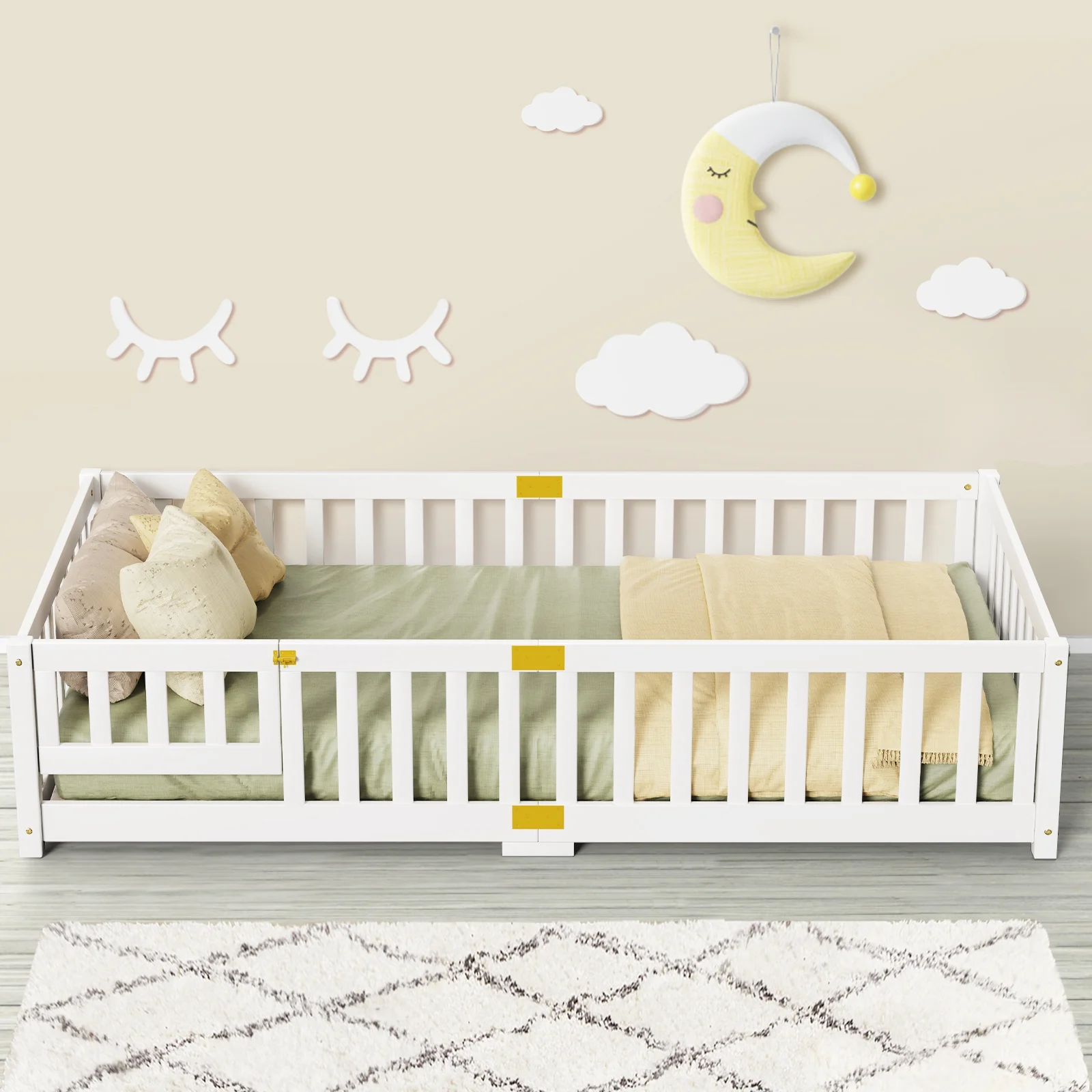 Slsy Twin Size Toddler Floor Bed, Solid Wood Montessori Bed Frame with Fence & Door Montessori Floor Bed Crib with Safety Guardrails for Girls and Boys - Image 7