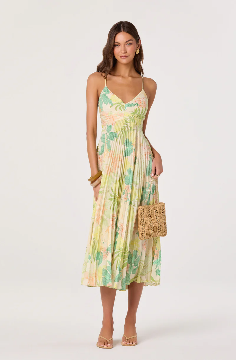 Blythe Floral Plisse Midi Dress - Green