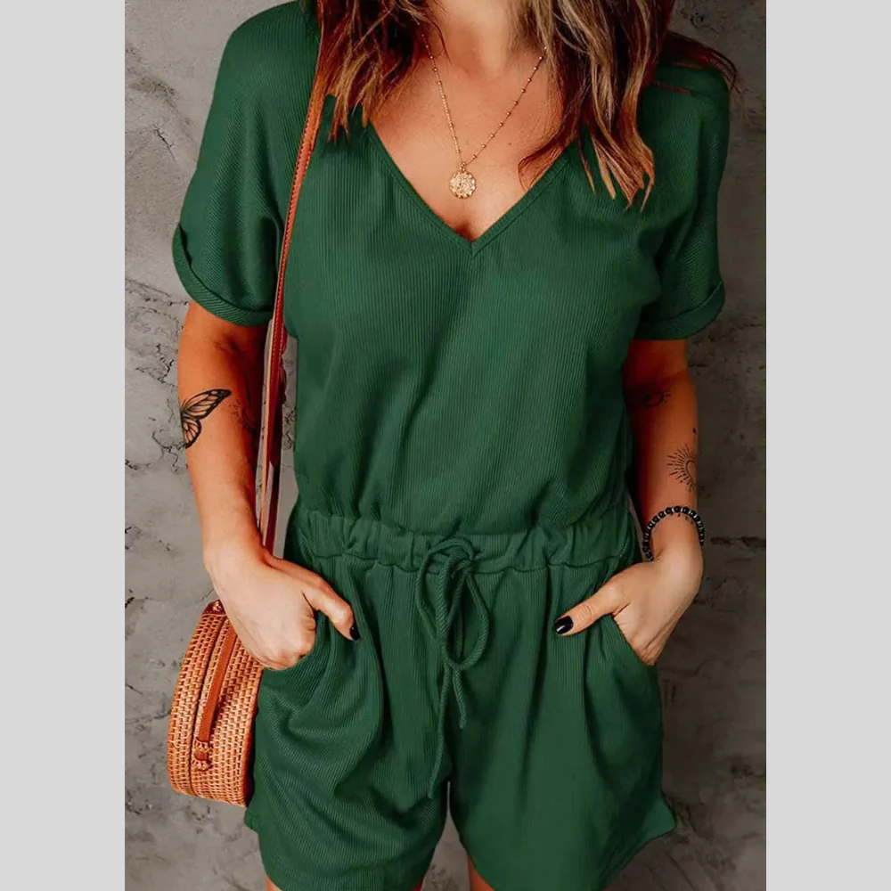 Full Size Drawstring V-Neck Short Sleeve Romper - ZKZOOK