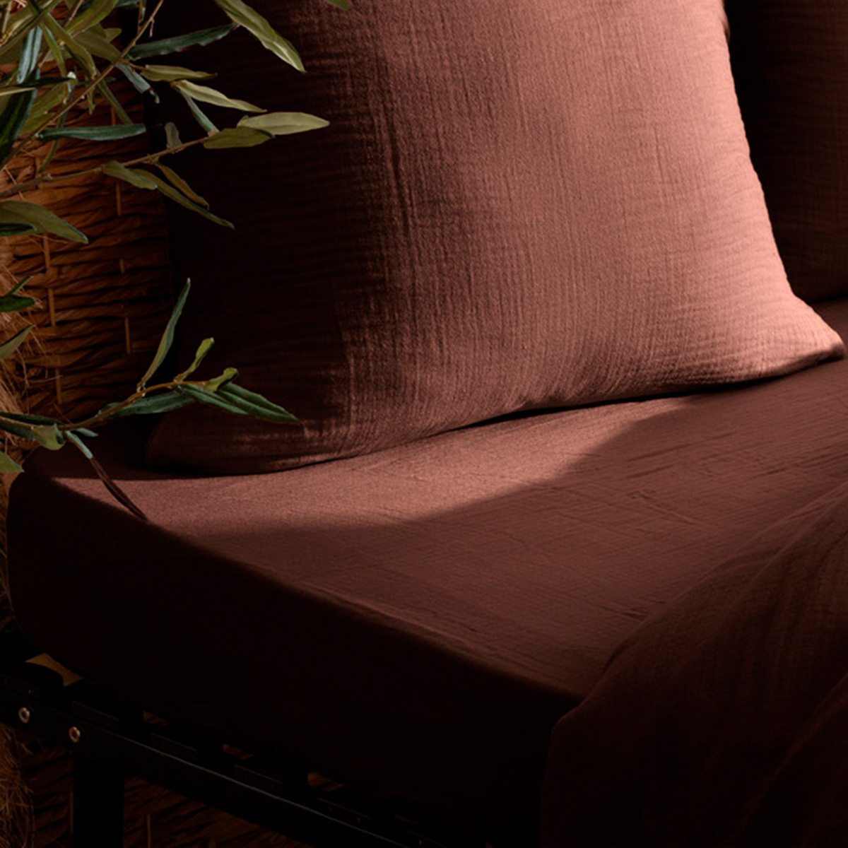 Fitted sheet "Flora" Cotton gauze, Brown, 160x200 cm