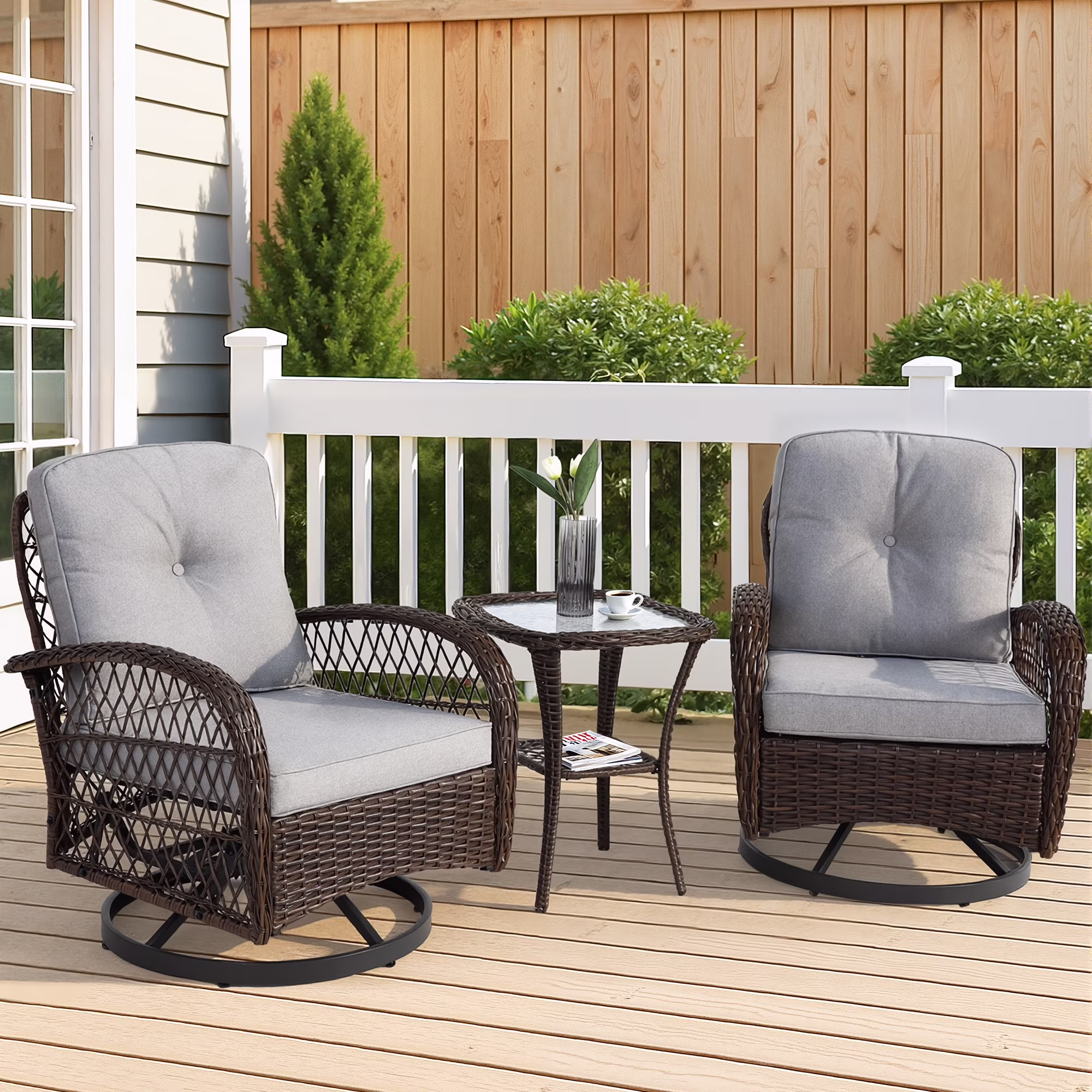 3 Piece Patio Swivel Rocker Chairs Set, 2 360-Degree Swivel Rocking Chairs with 1 Glass Top Table, PE Rattan Outdoor Bistro Set with Cushions for Balcony Deck Poolside Backyard Porch - Image 7