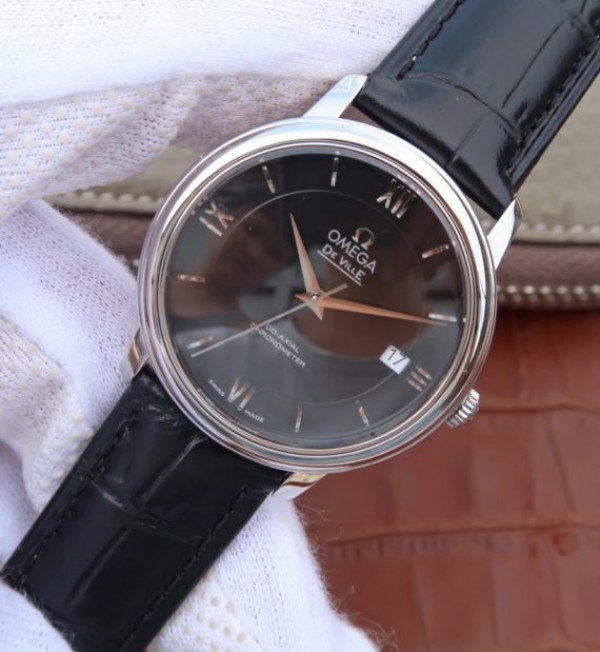 Replica Omega MKF De Ville 37mm SS Black Dial Black Leather Strap A2829 - Elite Watch Atelier