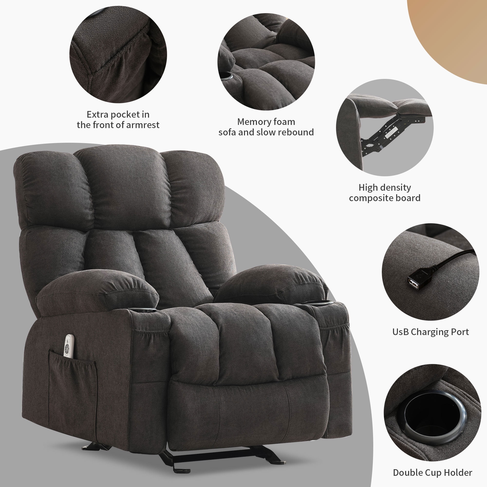 JONPONY Manual Recliner Chair with Heat Therapy and Massage Function, Heavy Duty Reclining Mechanism Massage Chair, Elderly Single Rocker Sofa with Cup Holders for Bedroom Home Theater,Grey - Image 90
