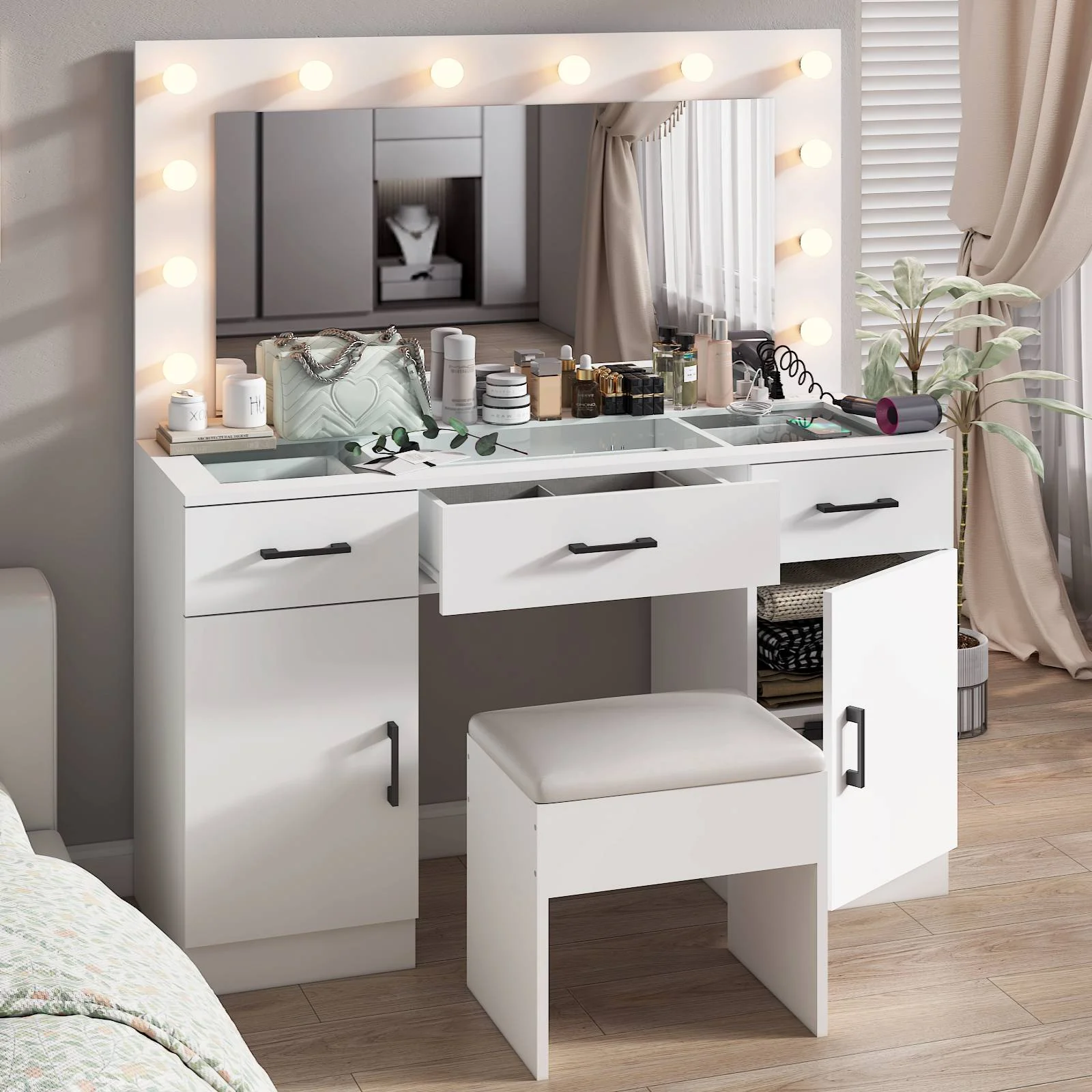 Ktaxon Large Makeup Vanity, Vanity Table Set w/ Visible Glass Top w/ Charging Station, White - Image 83