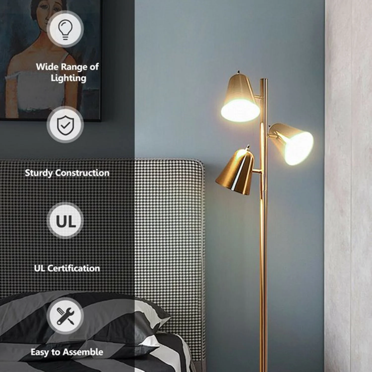Devo Floor Lamp with 3 LED Edsion Bulb Super Bright Tree Floor Lamps with 360° Adjustable Rotating Shades, Independent Switch Control Reading Light Standing Tall Pole Lamps for Living Room Bedroom