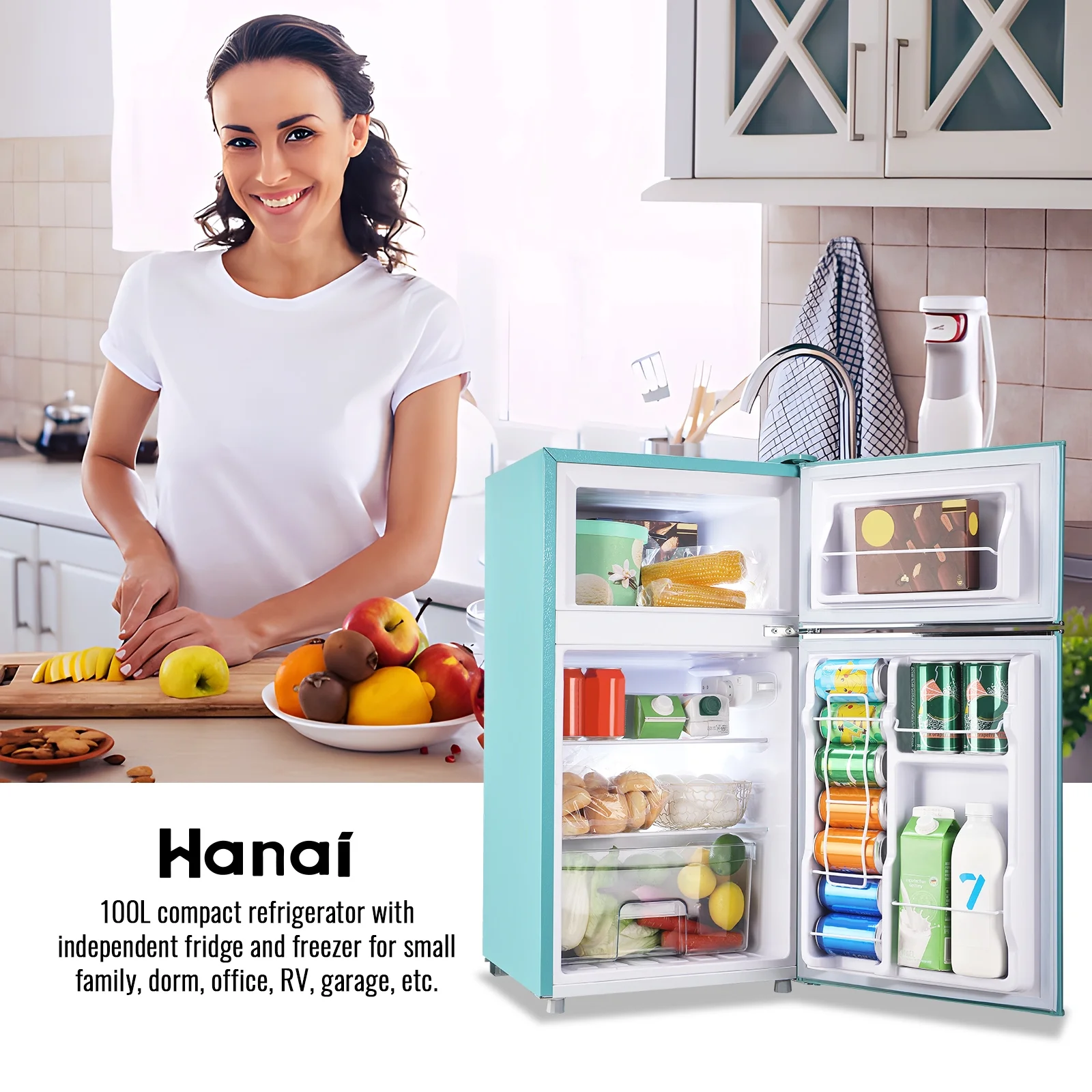 3.5 Cu.ft Compact Refrigerator WANAI Dual Doors Handles Mini Fridge with Top Freezer Blue New - Image 9