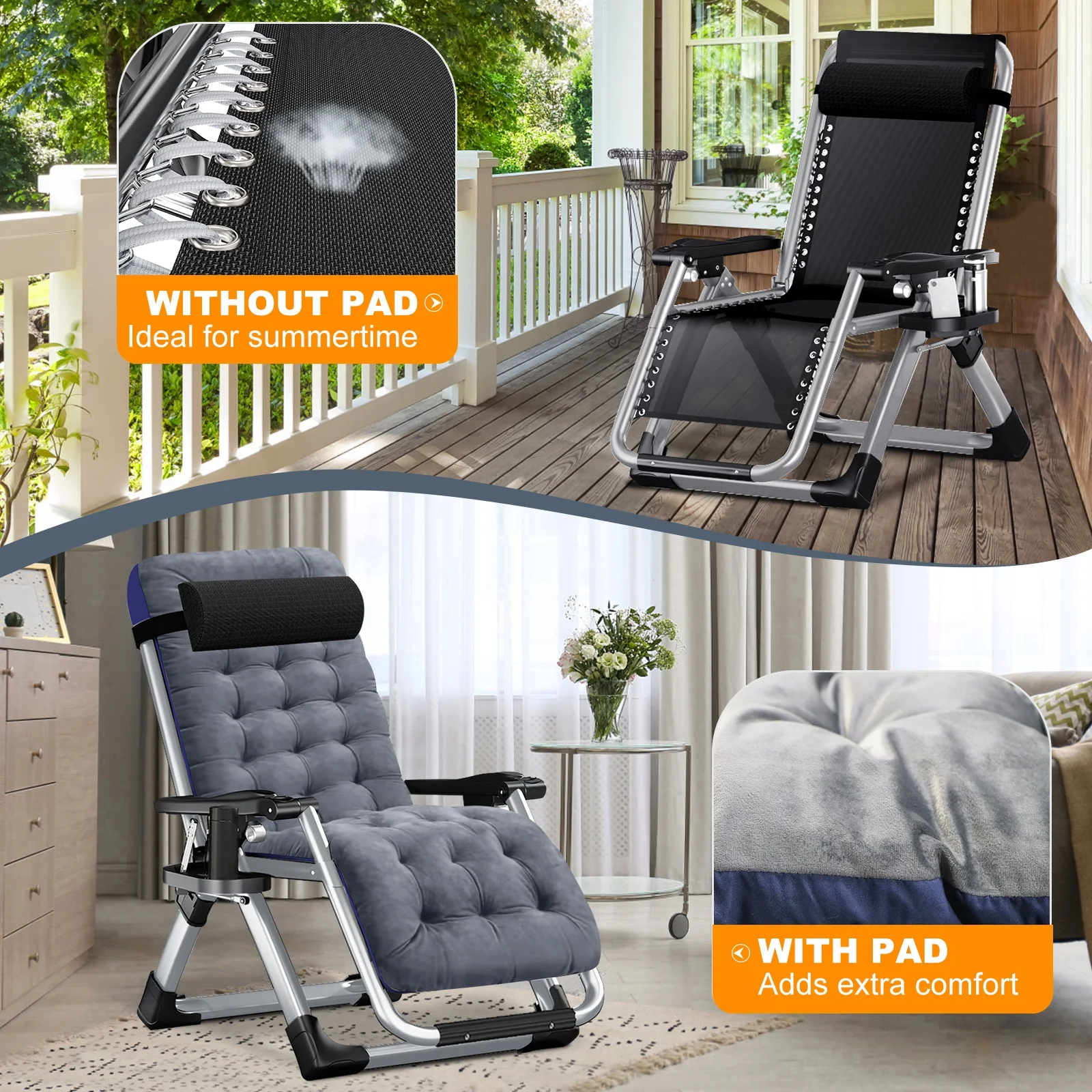 NAIZEA Zero Gravity Chair with Removable Cushion and Cup Holder Black - Image 49