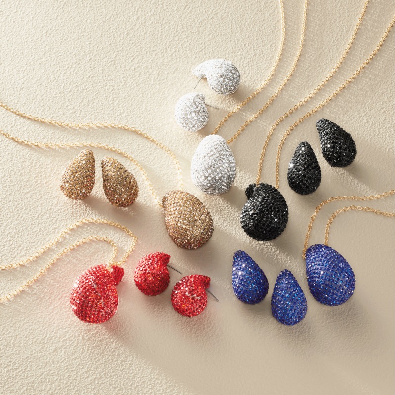 Pavé Crystal Round/Teardrop Necklace & Earring Set - MIDNIGHT VELVET CATALOG