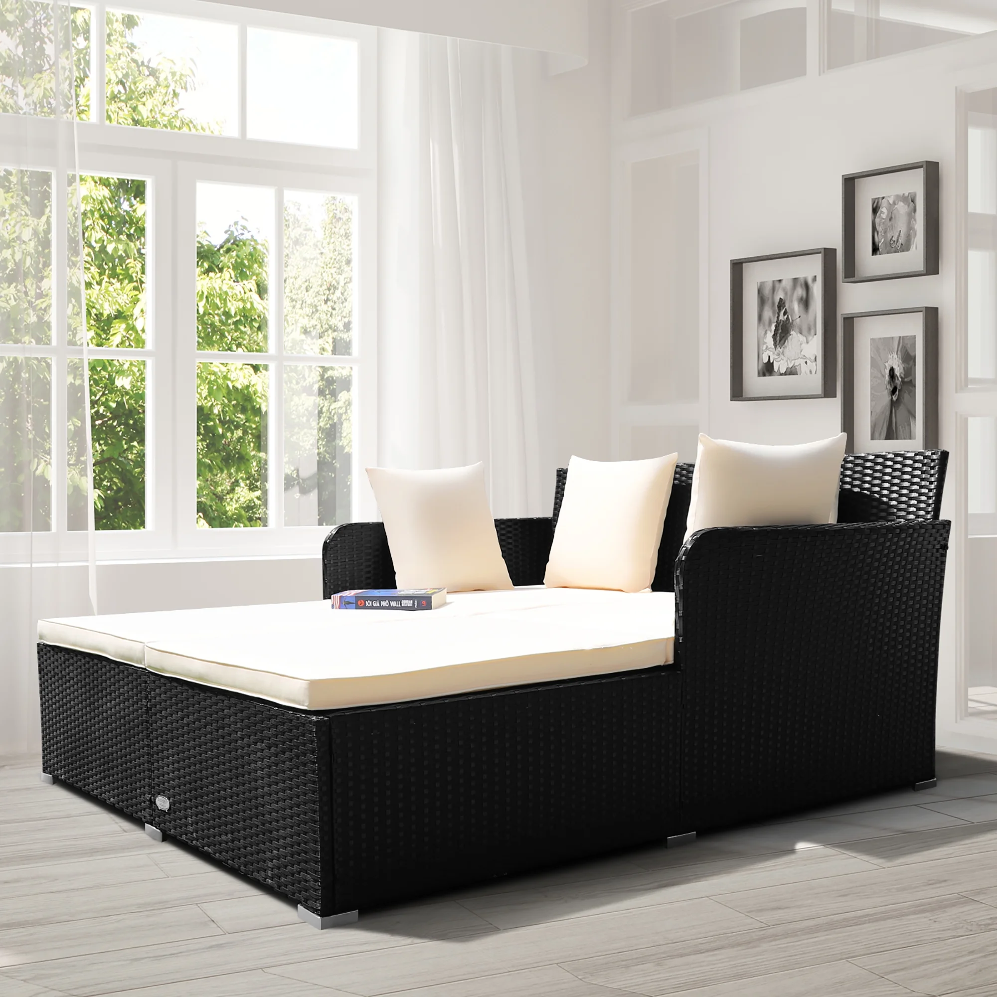 Costway Outdoor Patio Rattan Daybed Pillows Cushioned Sofa Furniture Beige