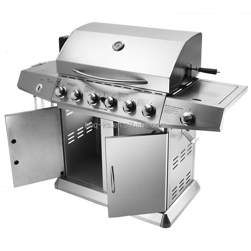 6 Burner Gas Grill Portable Foldable Trolley Stainless Steel Construction Modern Premium Design Electronic Ignition Adjustable