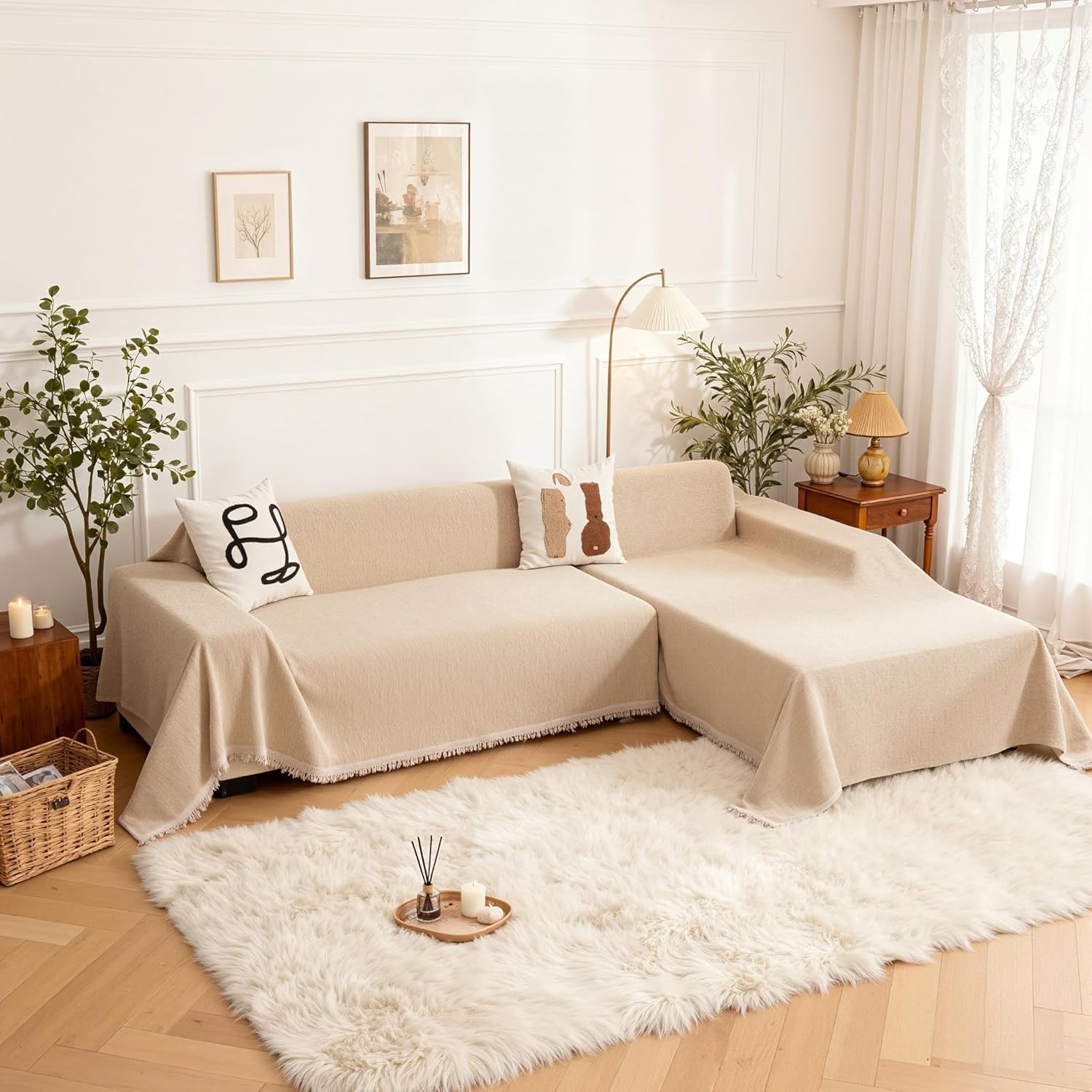 MEETSKY Sectional Couch Covers L Shape, 2 Pieces Chenille Washable Sofa Covers, Furniture Protector for Pets, Kids, Sofa Slipcover for 3-4 Cushion Couch (XX-Large, 71