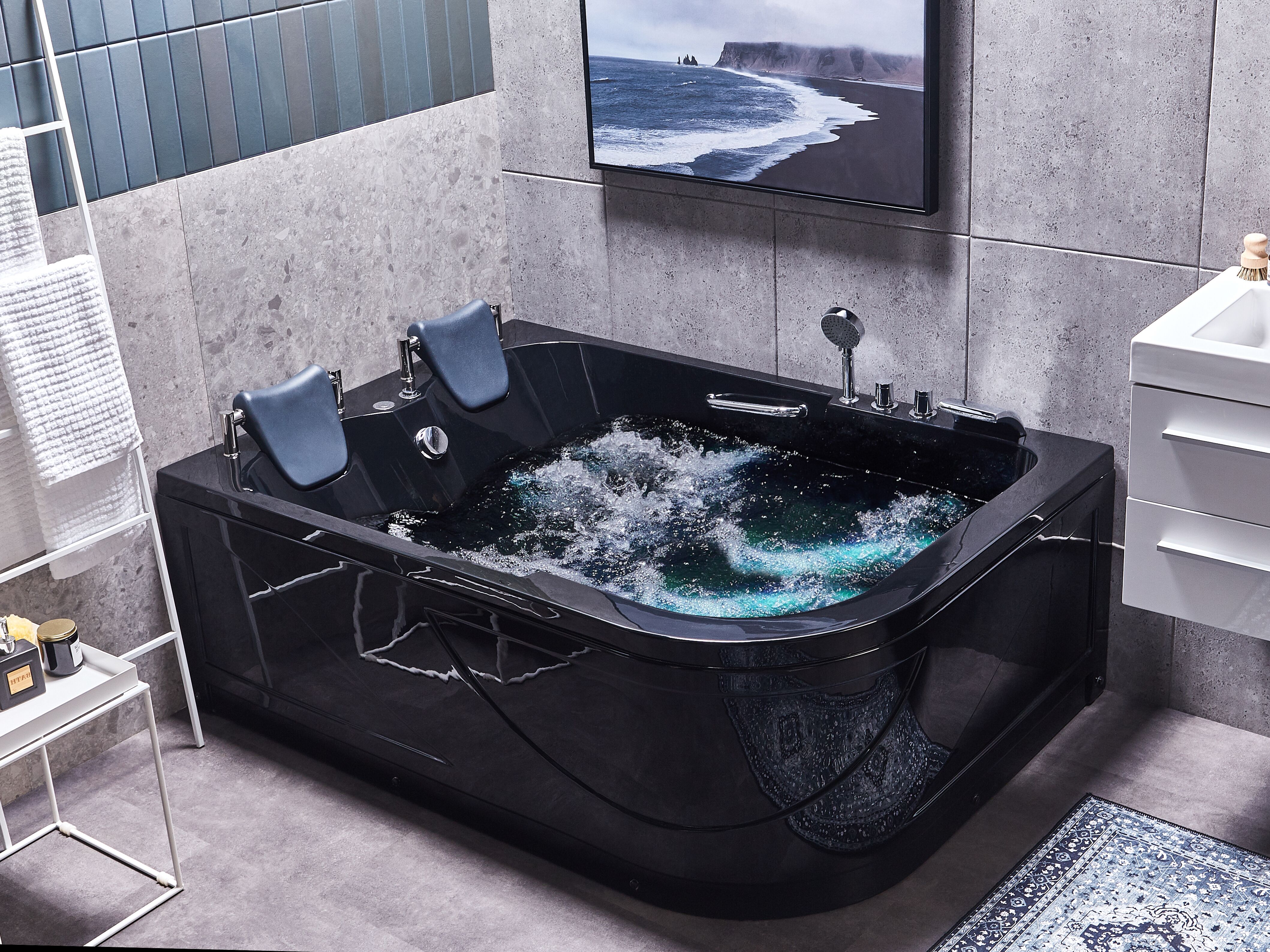 Corner Hot Tub with LED BAYAMO Right Hand 1700 x 1200 mm Black