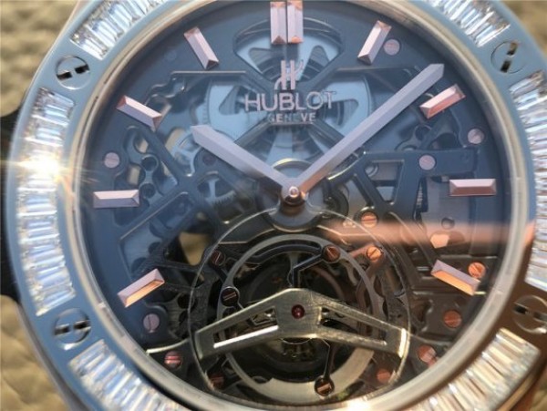 Replica Hublot Classic Fusion Tourbillon 42mm TF RG Skeleton Dial Black Gummy Strap A23J - Top club