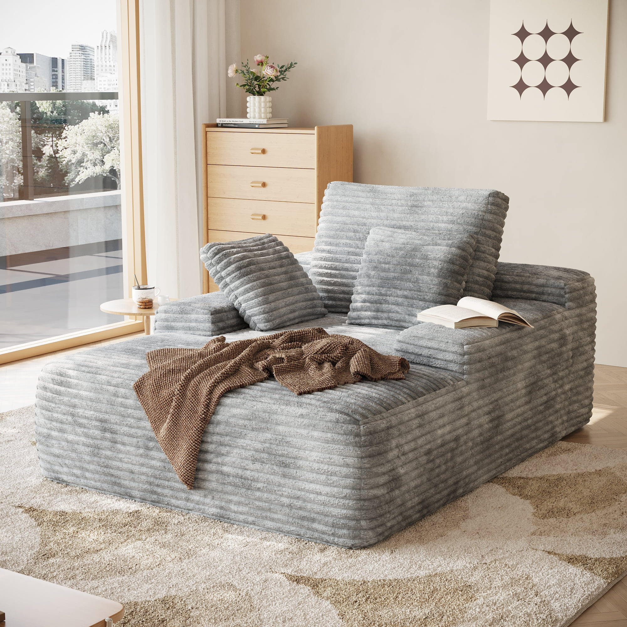 Sodrens Oversized Chaise Lounge Chair Indoor,Upholstered Sofa Bed with Throw Pillows and Armrests,Sleeper Chair for Living Room,Bedroom,Brown,Corduroy - Image 38